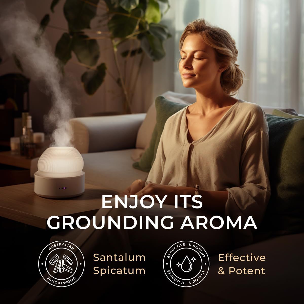 Frau entspannt sich neben einem Aroma-Diffusor. Text: "Enjoy its grounding aroma", "Australisches Sandelholz", "Effective & Potent".