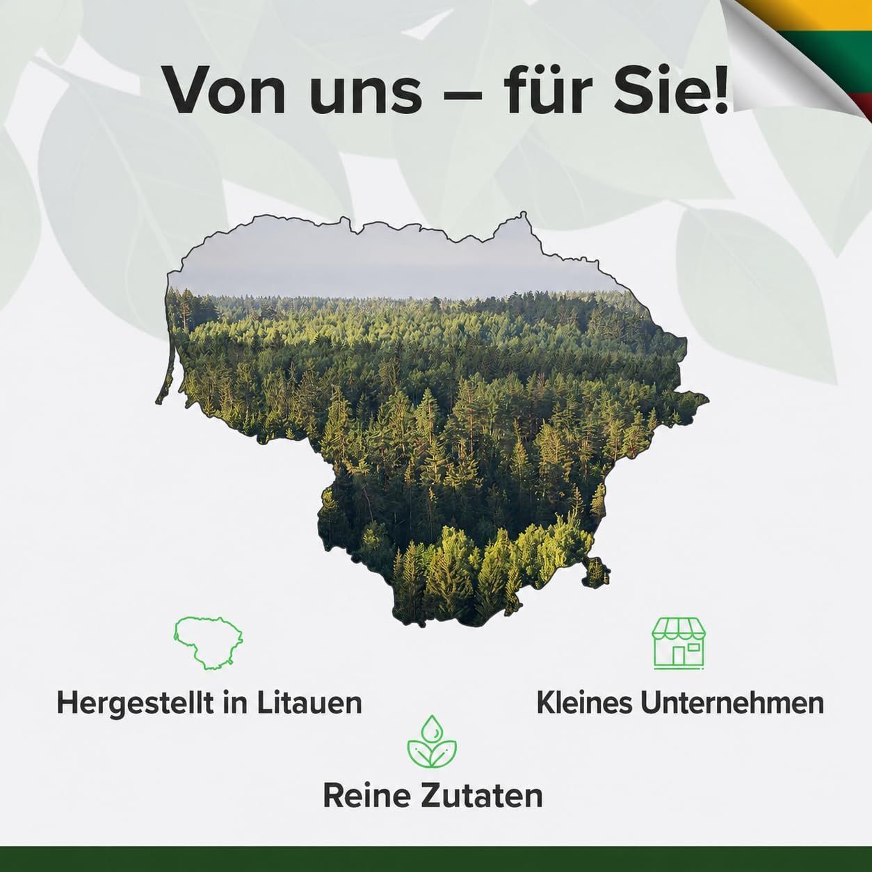 Karte mit der Umrissform Litauens, gefüllt mit einem Wald. Hergestellt in Litauen, kleines Unternehmen.