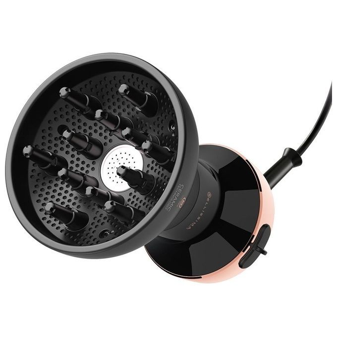 Warmluft-Diffusor mit schwarzem Diffusorkopf und roségoldfarbenem Griff. Schwarzes Kabel.
