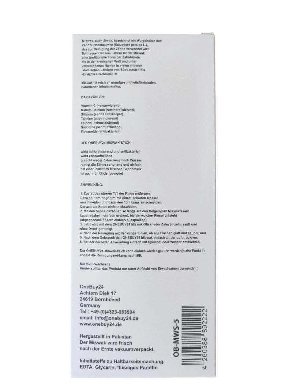 Rückseite der Verpackung mit Informationen zu Inhaltsstoffen und Anwendung des Miswak-Sticks. Text in Deutsch.