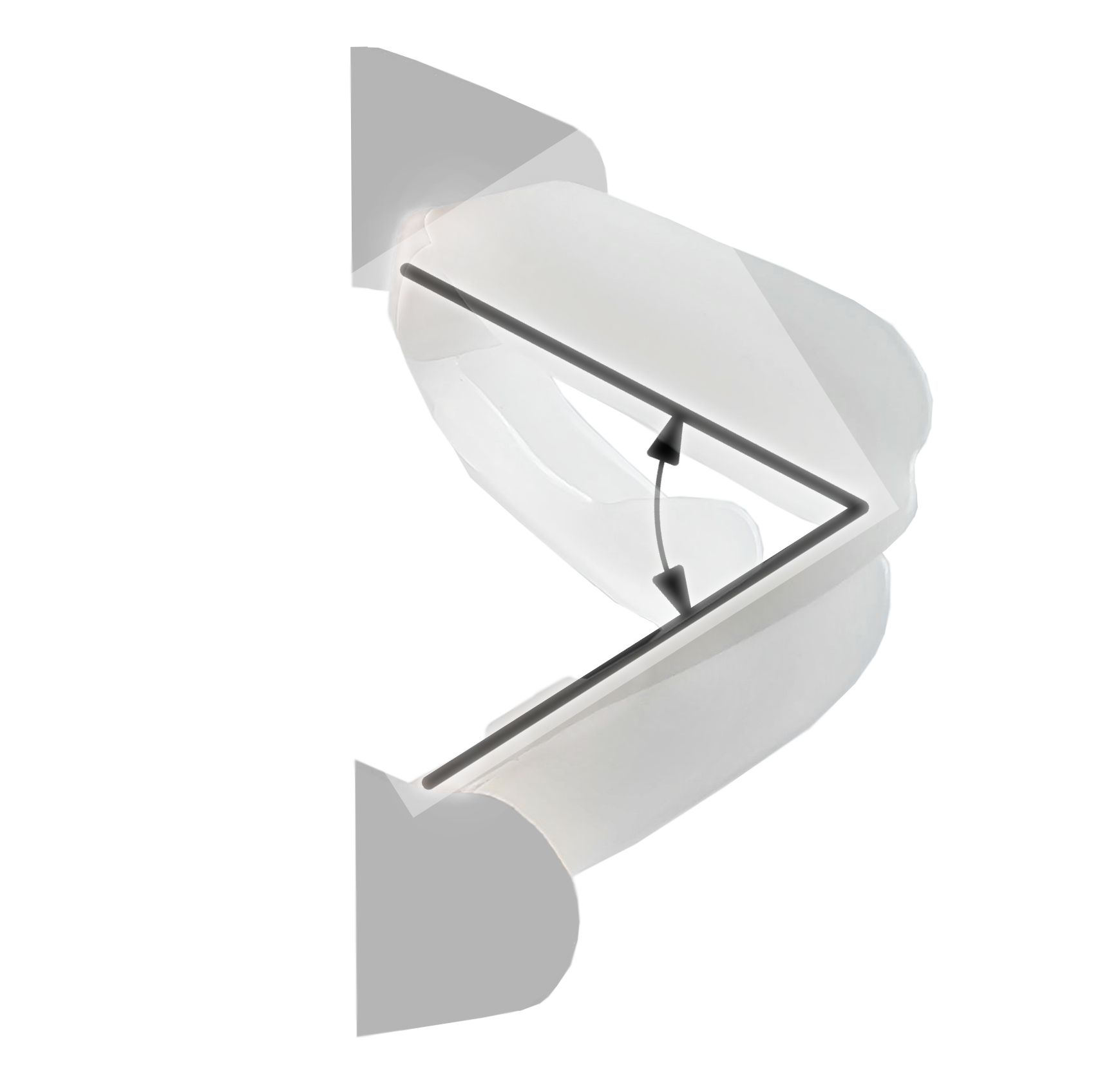 Diagramm einer Unterkieferprotrusionsschiene. Winkel und Pfeile zeigen die Bewegung an. Weißes Material.