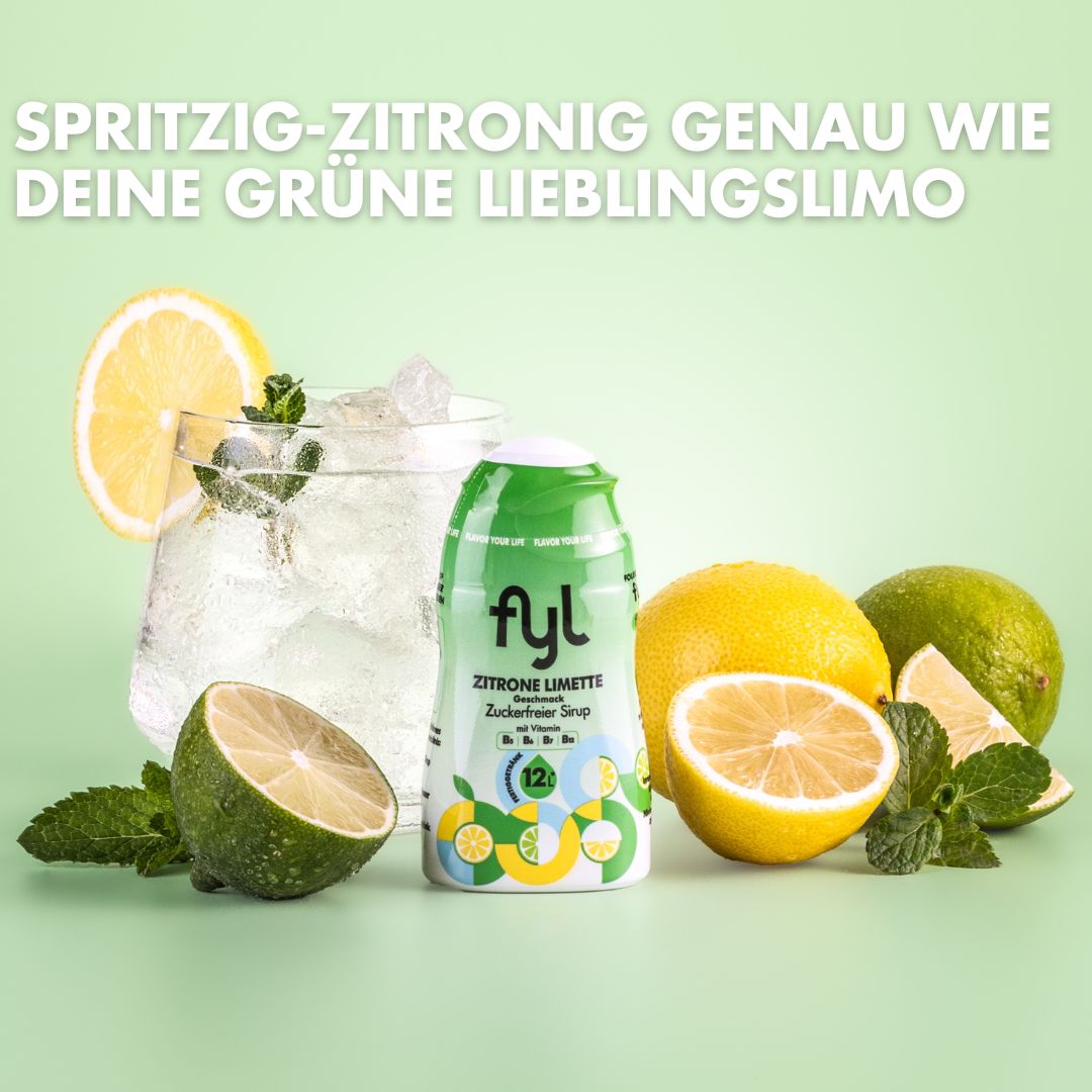 Flasche fyl Zitrone Limette Sirup, Glas mit Getränk, Zitronen, Limetten und Minze.