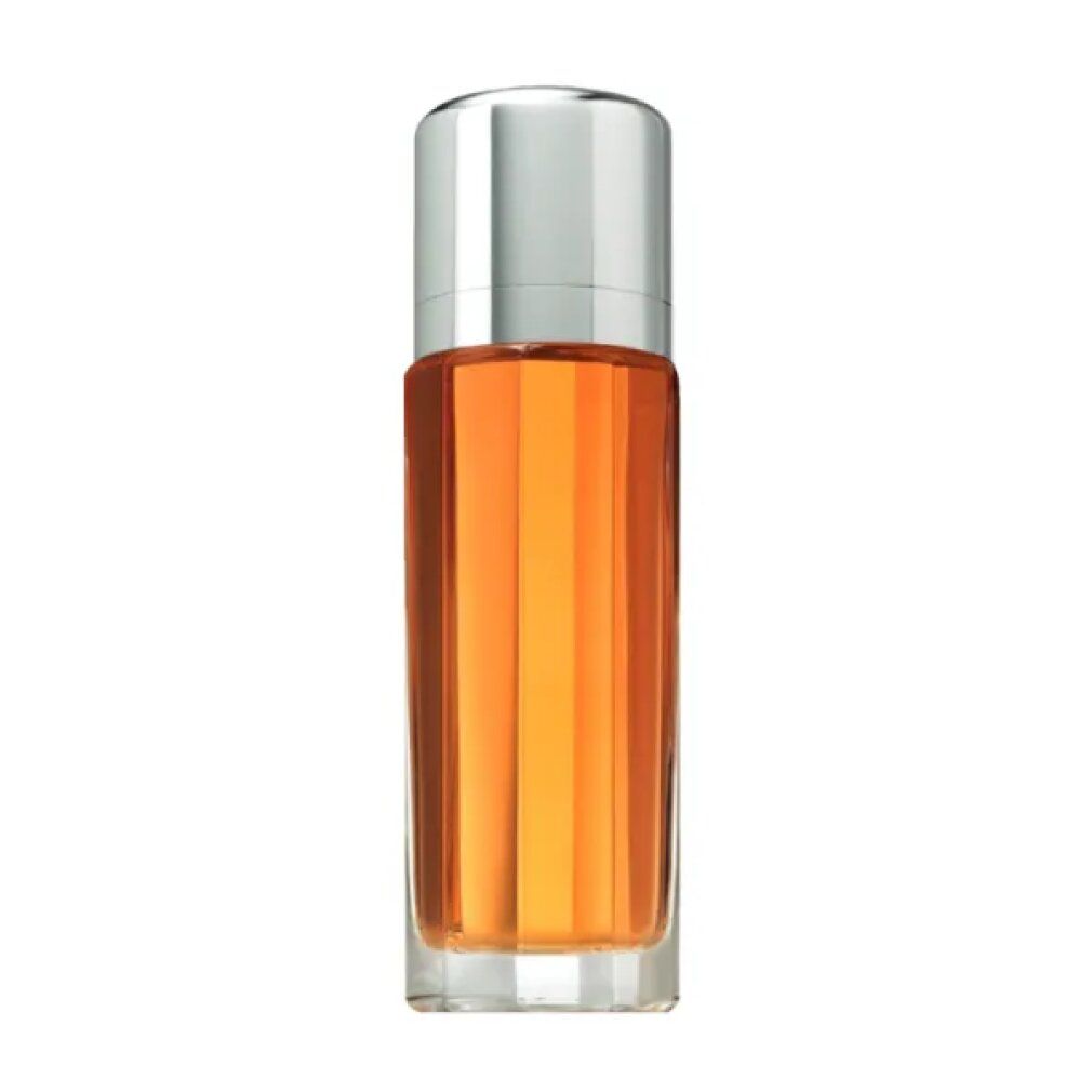 Parfümflasche mit silbernem Deckel und bernsteinfarbener Flüssigkeit. Klare, rechteckige Form.
