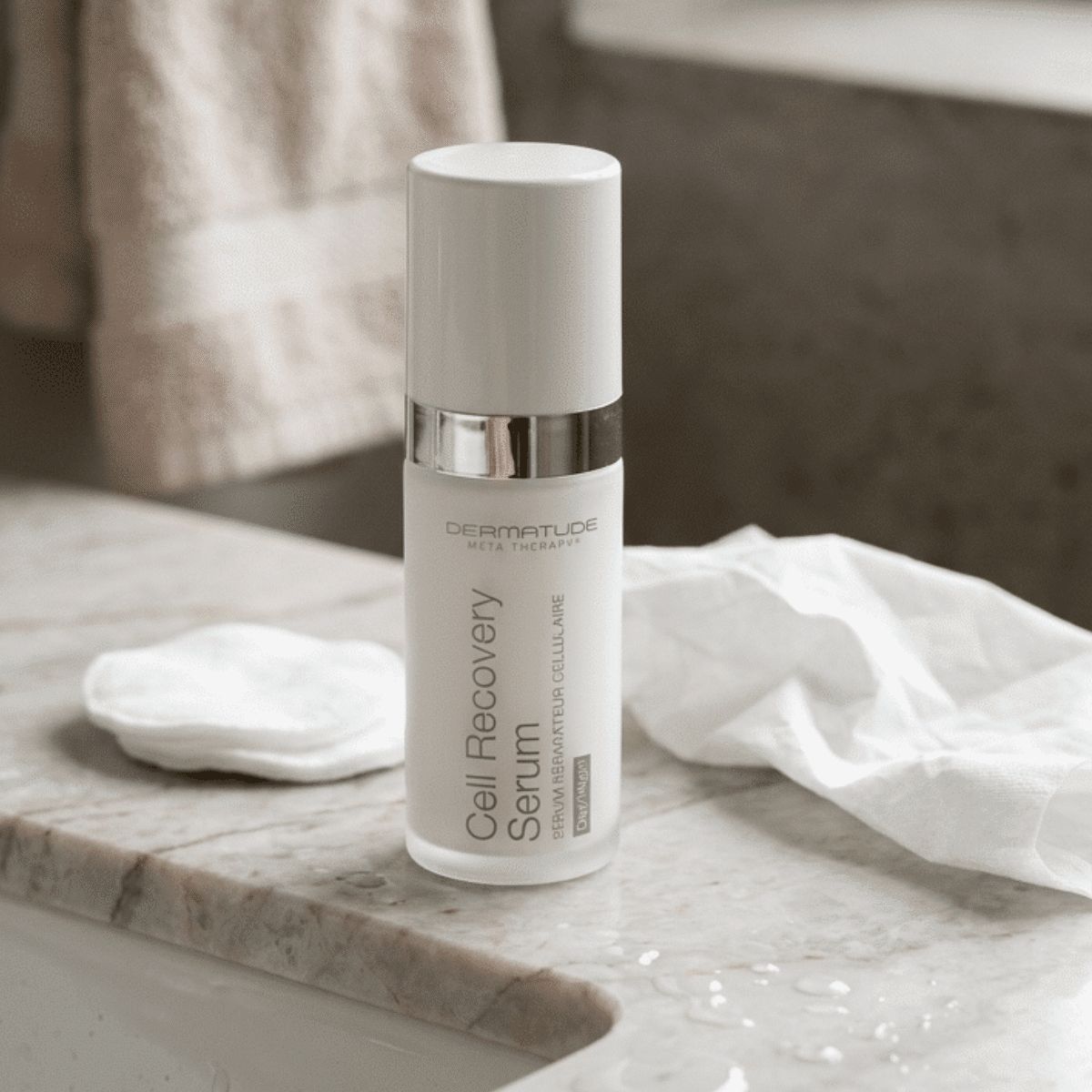 Dermatude Cell Recovery Serum Flasche auf einer Marmorplatte neben Handtüchern.
