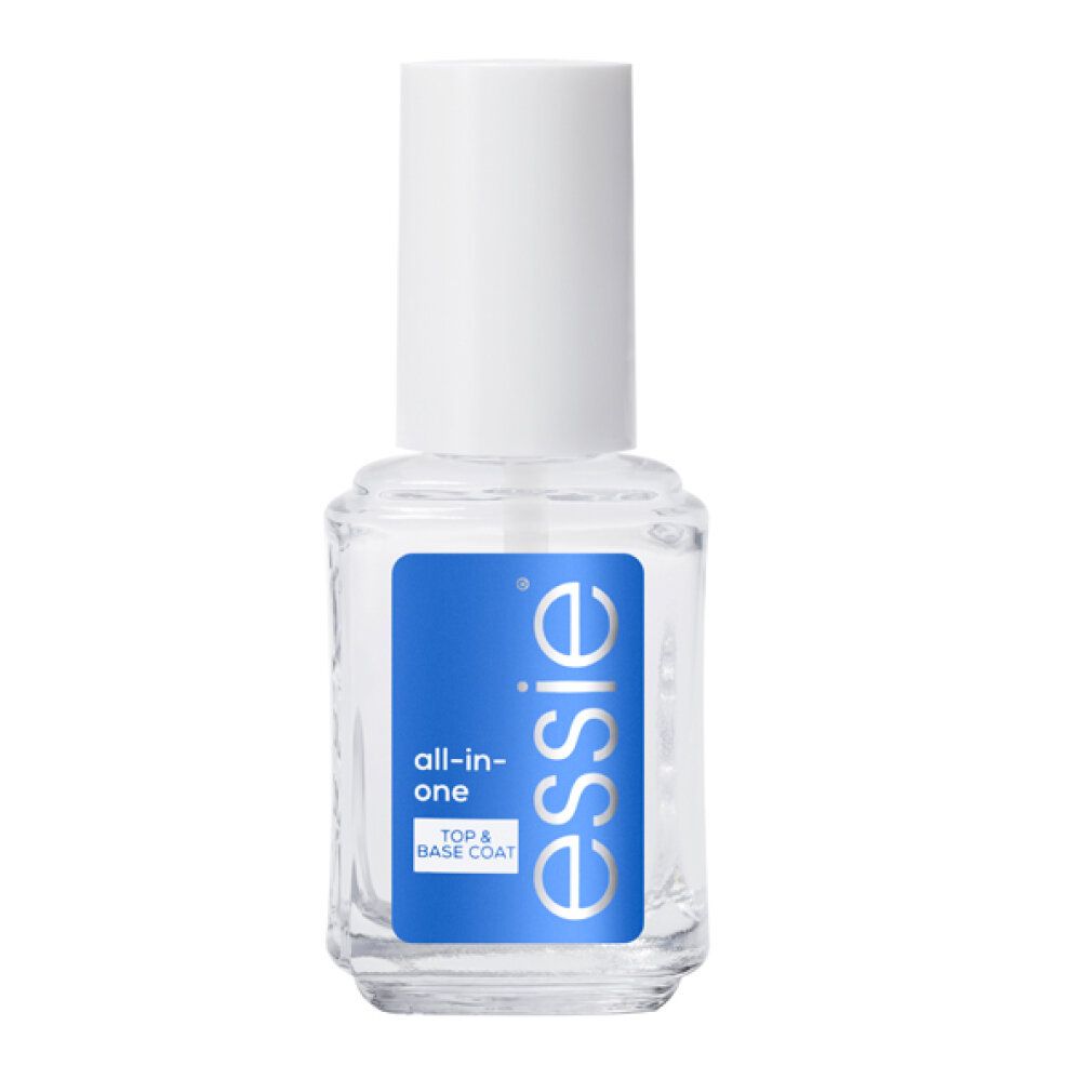 Klare Flasche mit weißem Deckel. Blaues Etikett mit "essie all-in-one" und Markenlogo.