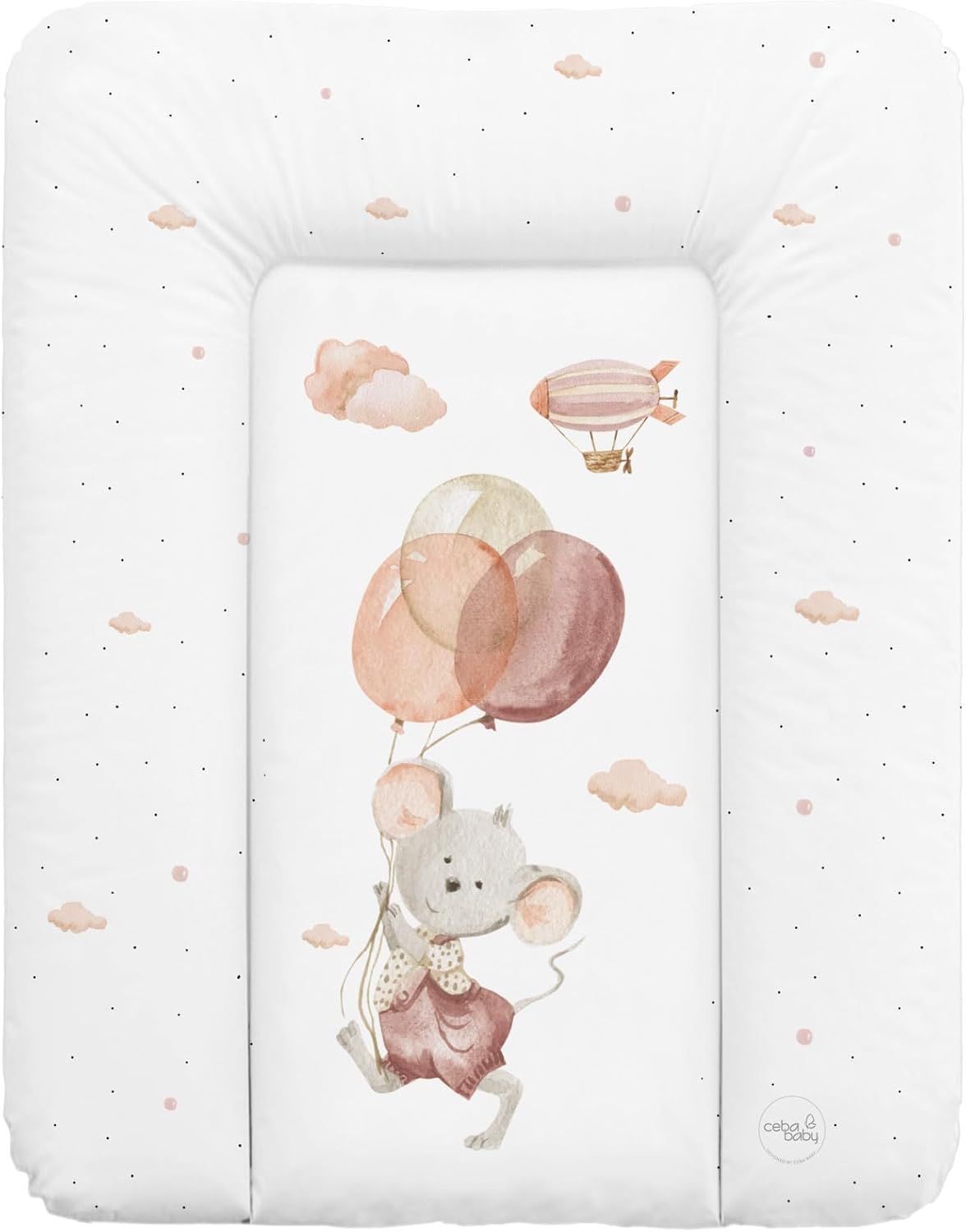 Weiße Wickelauflage mit Maus-Illustration, Ballons und Wolken. Abgerundete Form mit erhöhten Rändern. Marke Ceba Baby.