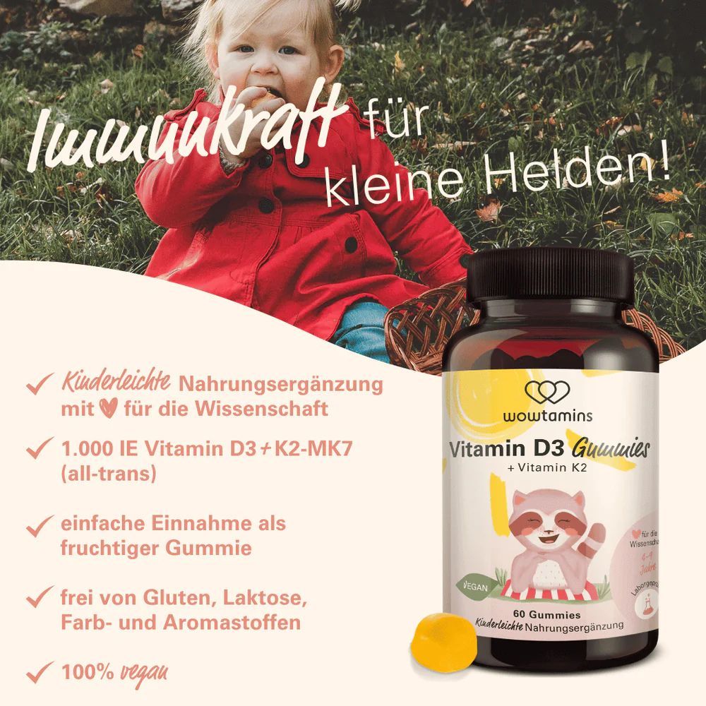 Flasche wowtamins Vitamin D3 Gummis. Kinderleichte Nahrungsergänzung mit Vitamin D3+K2. 60 Stück, vegan.