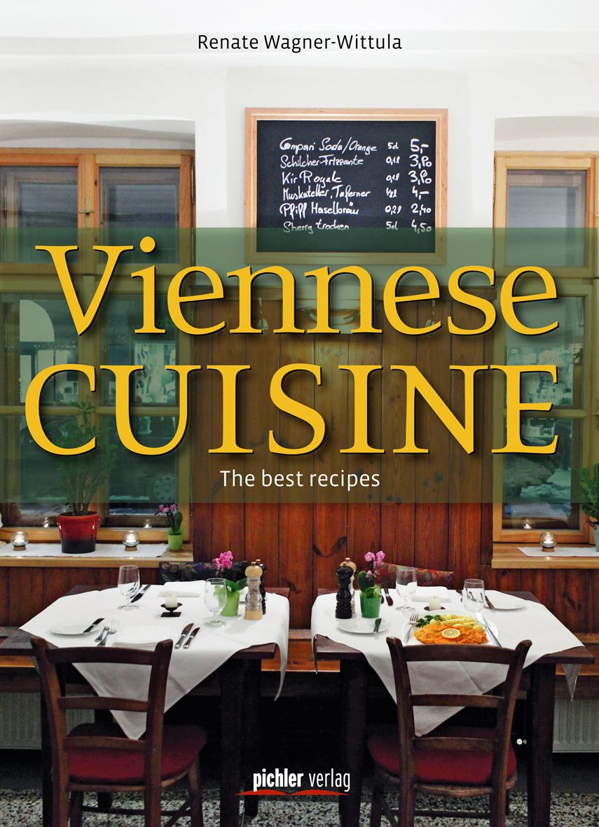 Buchcover mit dem Titel „Viennese Cuisine“. Autorin: Renate Wagner-Wittula. Im Hintergrund ein Restaurant mit Tischen und Stühlen.