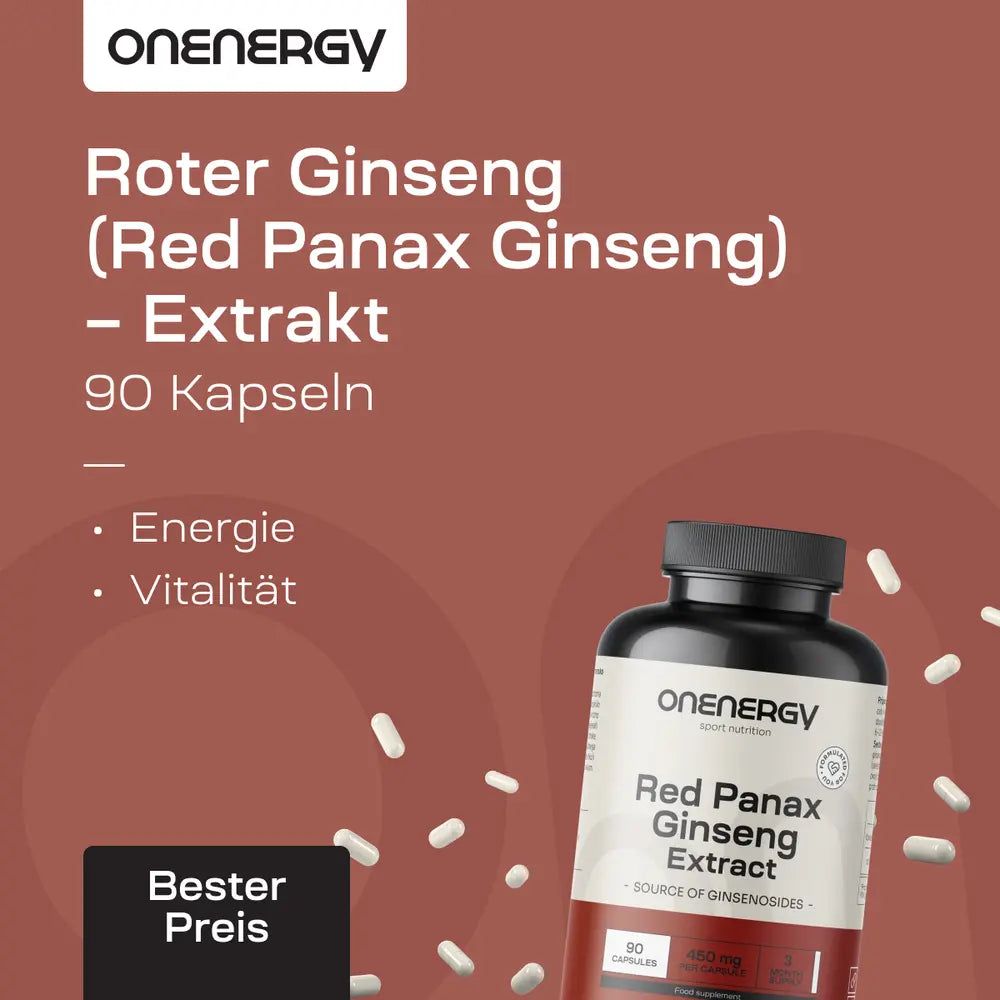 Flasche OnEnergy Red Panax Ginseng Extrakt, 90 Kapseln, mit Stichpunkten zu Vitalität.