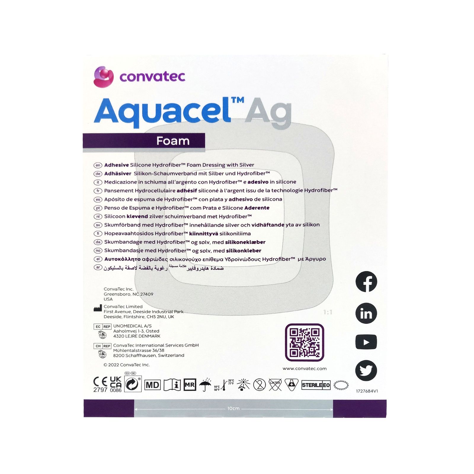 Rückseite der Verpackung mit Produktinformationen. Enthält QR-Code, Kontaktinformationen und Logos. Marke Convatec.