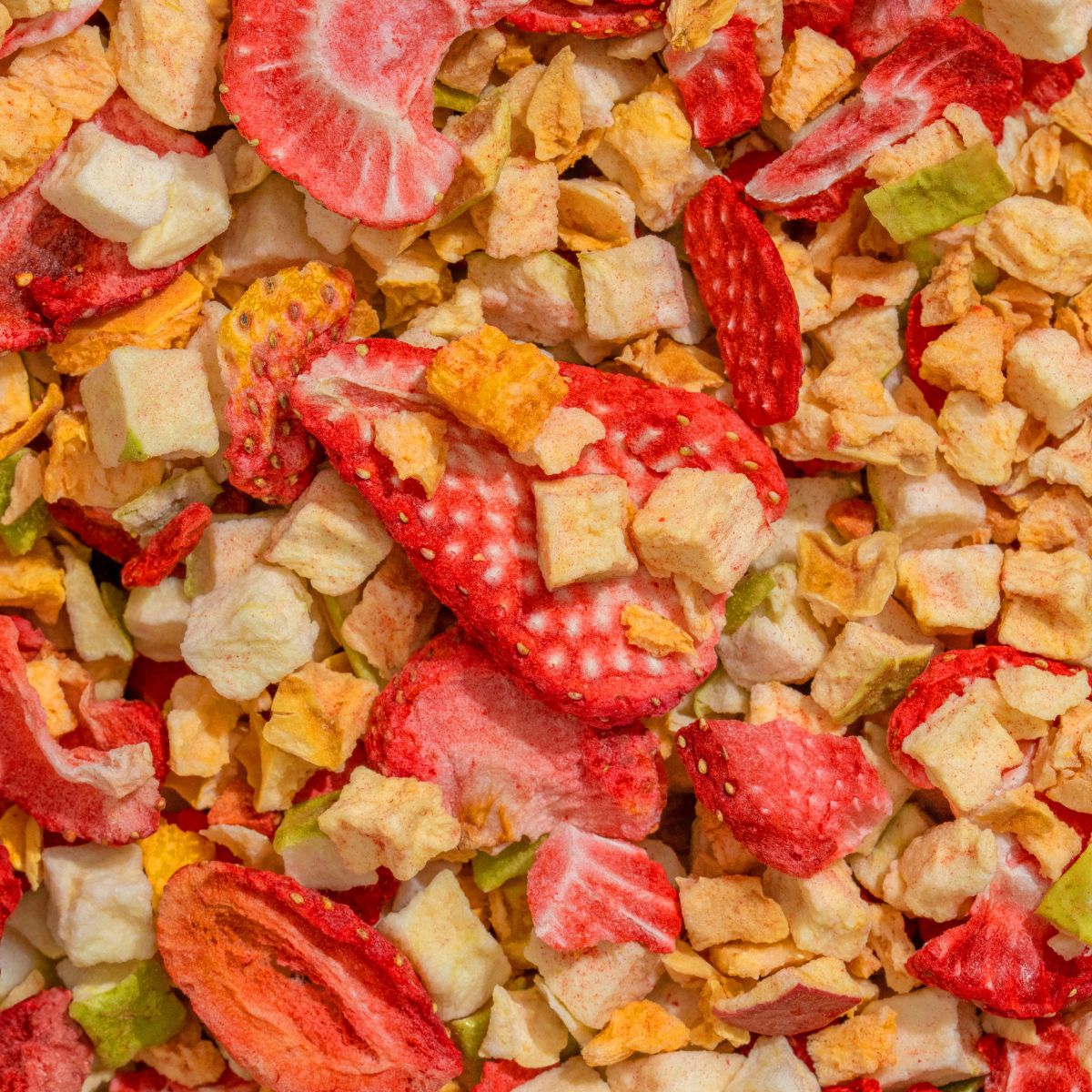 Nahaufnahme von gefriergetrockneten Früchten. Erdbeeren, Apfelstücke und andere Früchte.