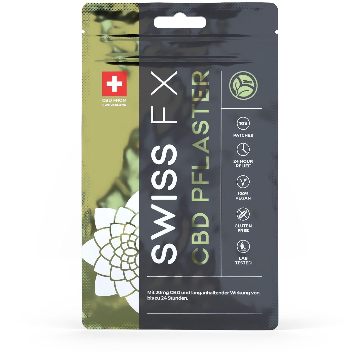 Verpackung von Swiss FX CBD Pflaster mit 10x Patches, 24h Linderung, vegan und glutenfrei.