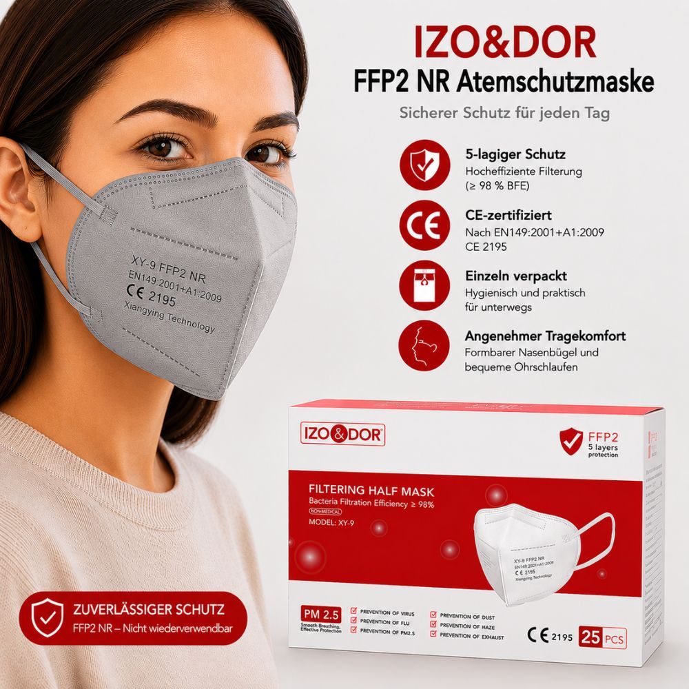 Frau mit grauer FFP2-Maske; Produktinformationen: 5-lagig, CE-zertifiziert.