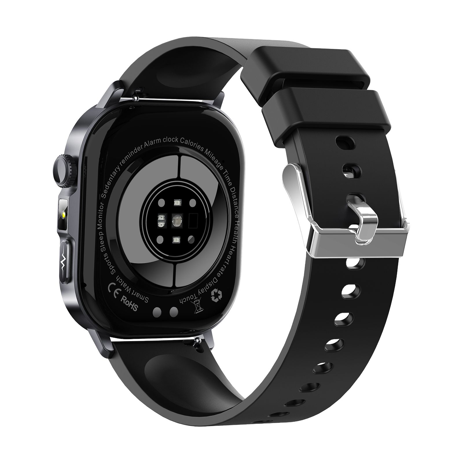 Rückseite der Knauermann PRO 4 Smartwatch mit Herzfrequenzsensor und Ladekontakten.
