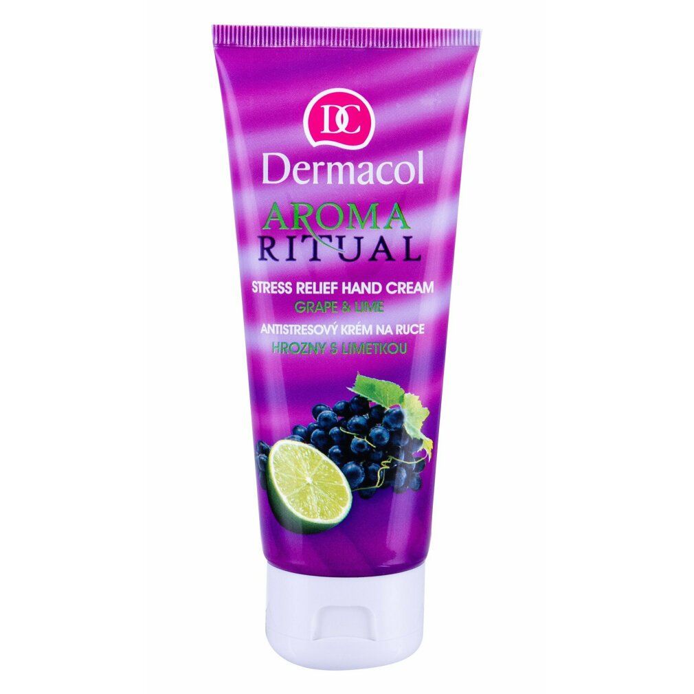 Lila Tube Handcreme. Dermacol Aroma Ritual. Traube-Limette. Abbildung von Trauben und Limette.
