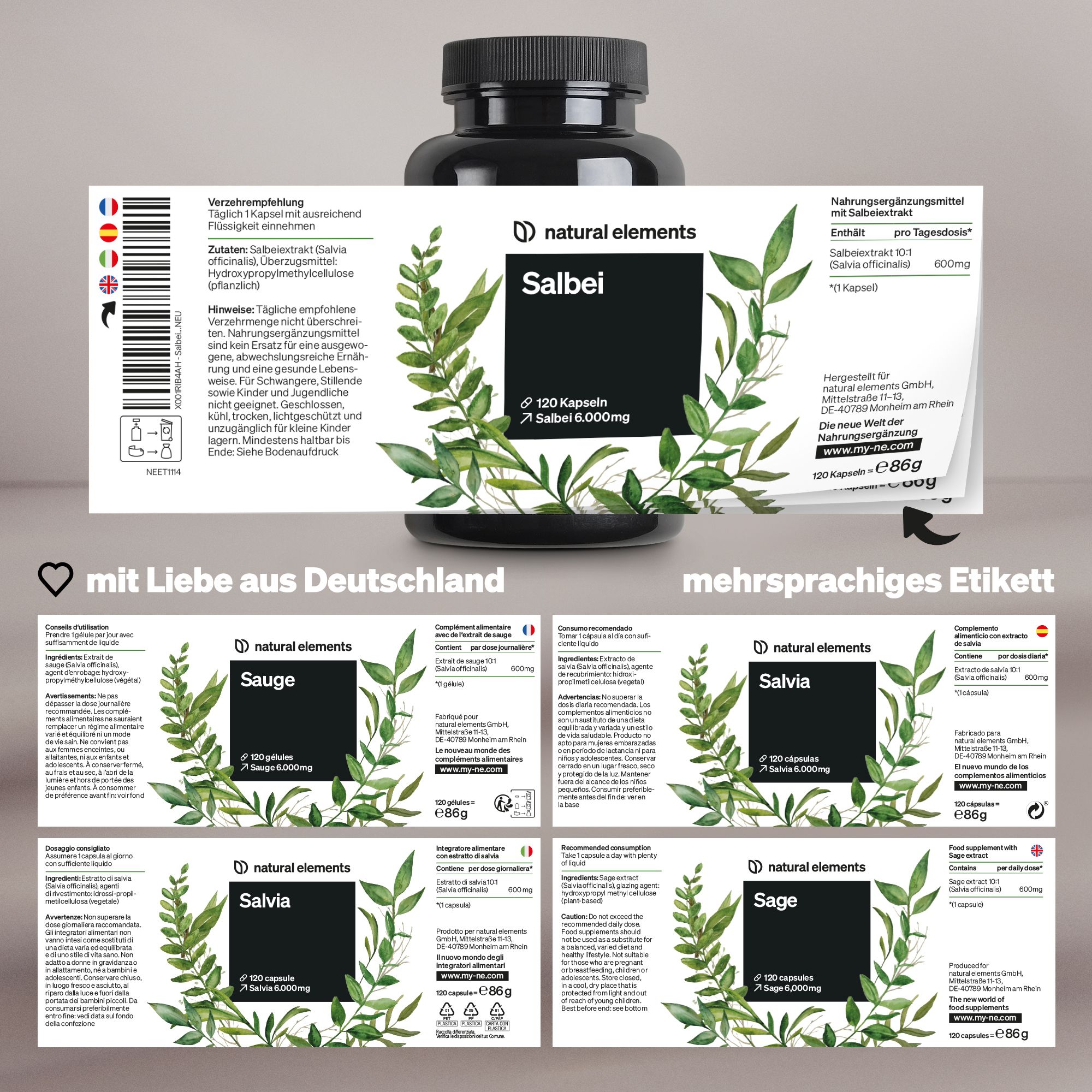 Produktetikett mit mehrsprachigen Informationen. Enthält Angaben zu Inhaltsstoffen und Dosierung. Mehrere Sprachen.