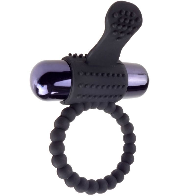 Schwarzer Vibrationsring aus Silikon mit perlmuttfarbenem Vibrator und Noppen.