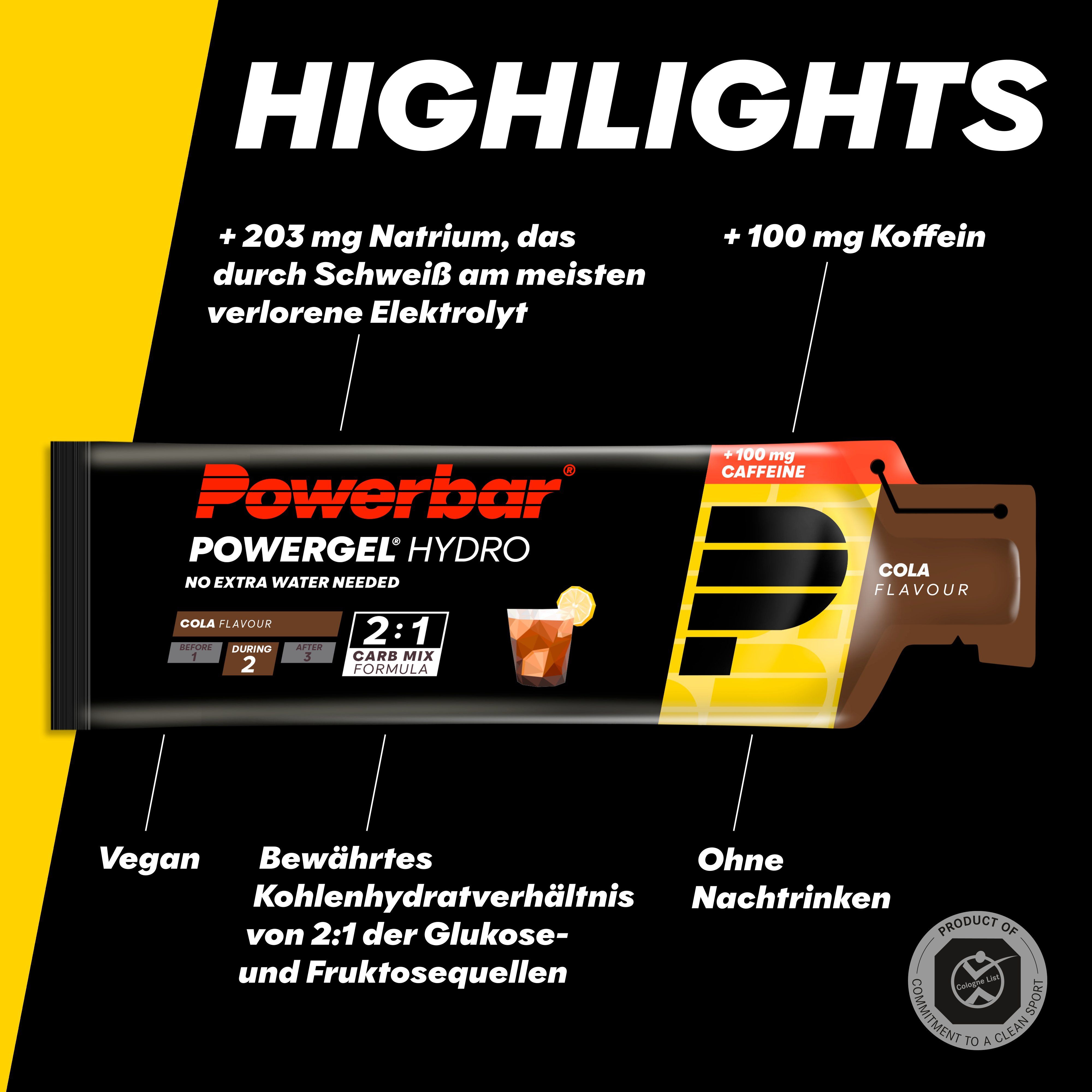 PowerBar PowerGel Hydro Cola, braune Gel-Packung. Enthält Koffein. Aufdrucke: 2:1 Carb Mix Formula. Zusätzliche Informationen: Vegan.