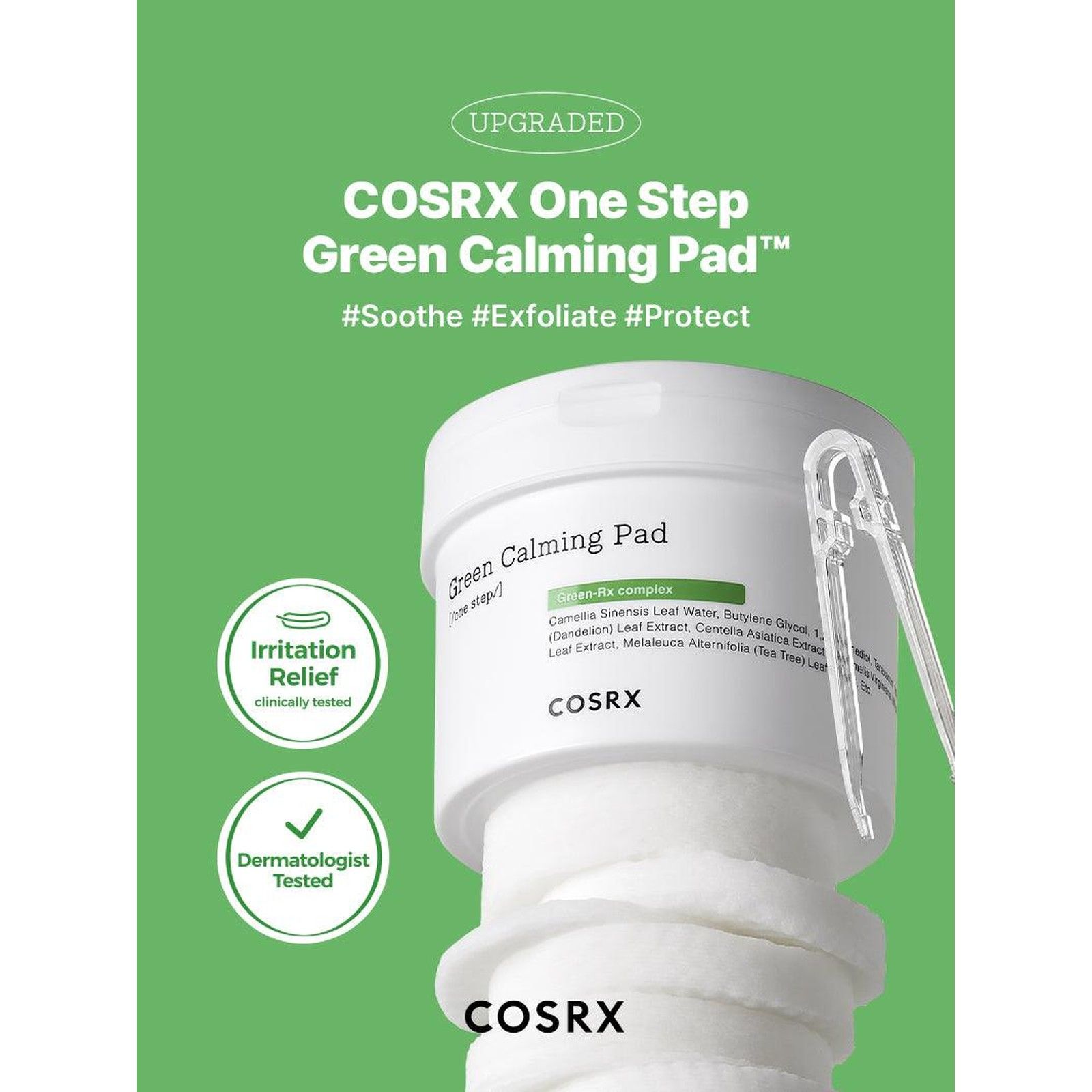 COSRX One Step Green Hero Calming Pad: Tiegel mit aufgestapelten Pads und Pinzette. "Upgraded" und "Irritation Relief" hervorgehoben.