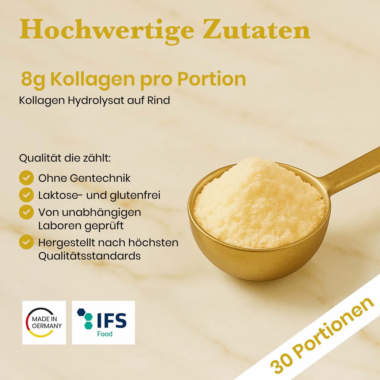 Goldene Messlöffel mit Pulver, 8g Kollagen pro Portion, Rinderkollagenhydrolysat. Made in Germany, IFS Food zertifiziert.