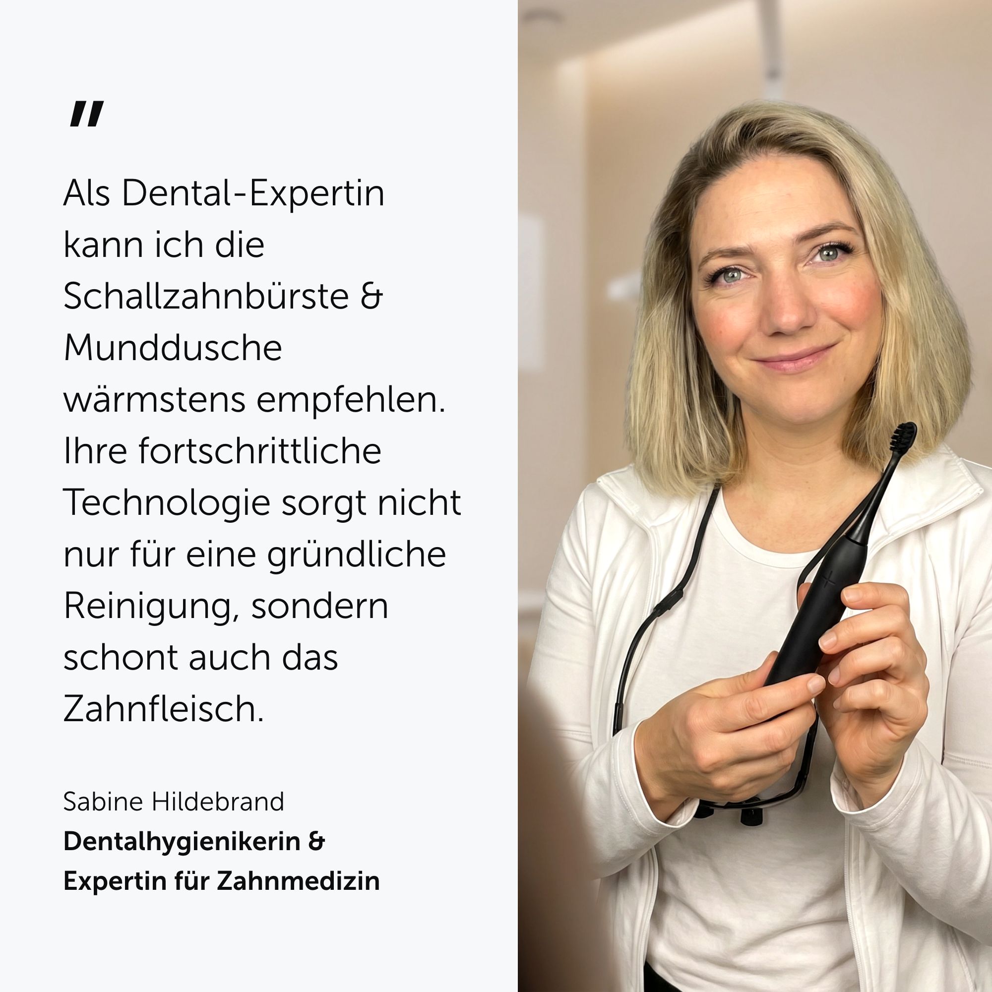 Dental-Expertin empfiehlt Schallzahnbürste für gründliche Reinigung und Zahnfleischschutz.