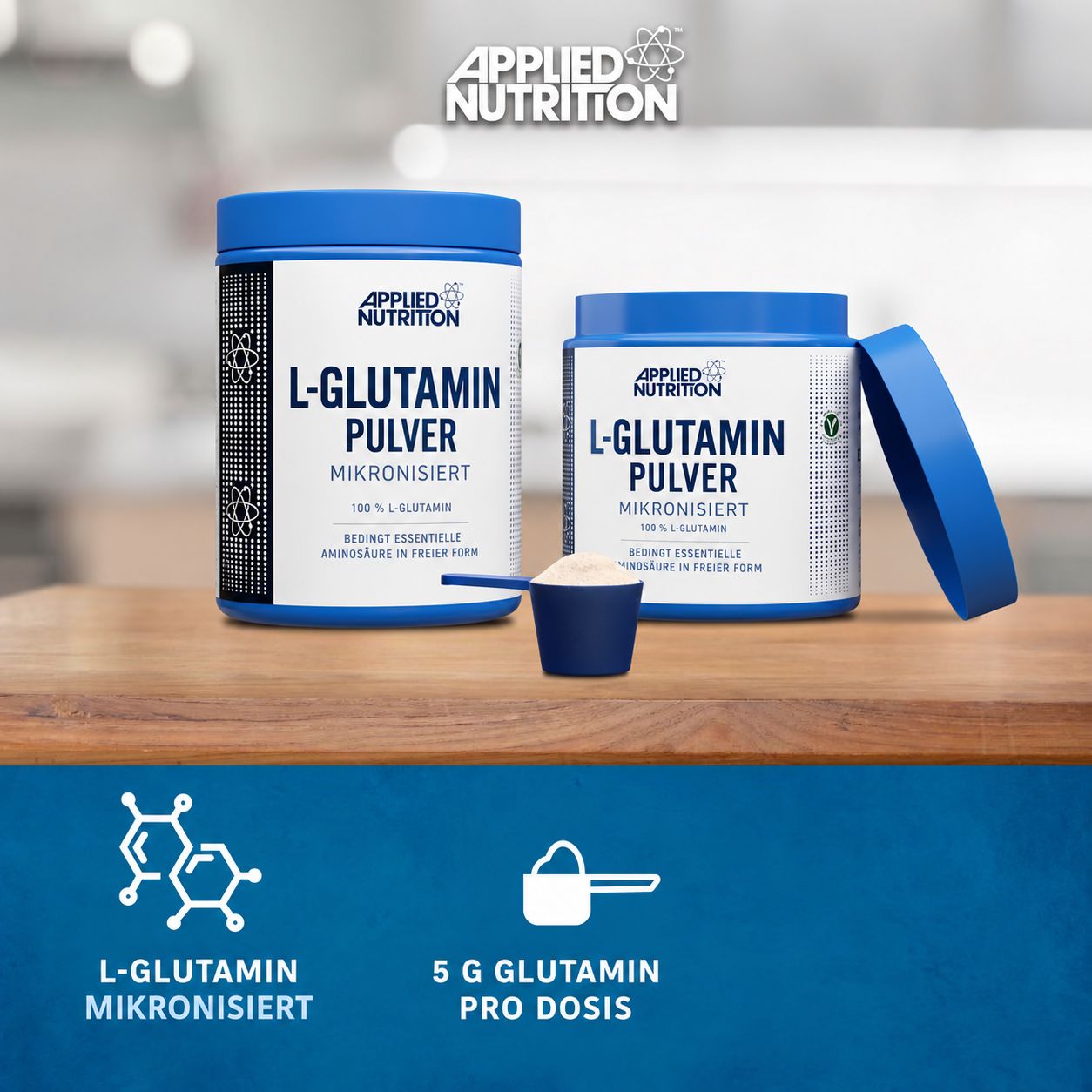 Applied Nutrition L-Glutamin Pulver Mikronisiert in blauer Dose, 50 Portionen.