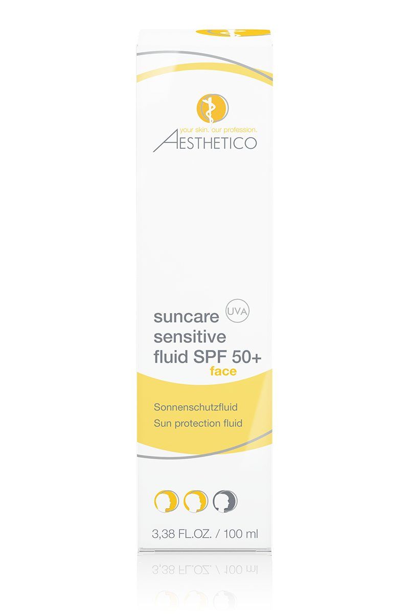 Verpackung von Sonnenschutzfluid. Weiß, mit gelben Akzenten und Produktbezeichnungen. Logo und Produktnamen sind sichtbar.