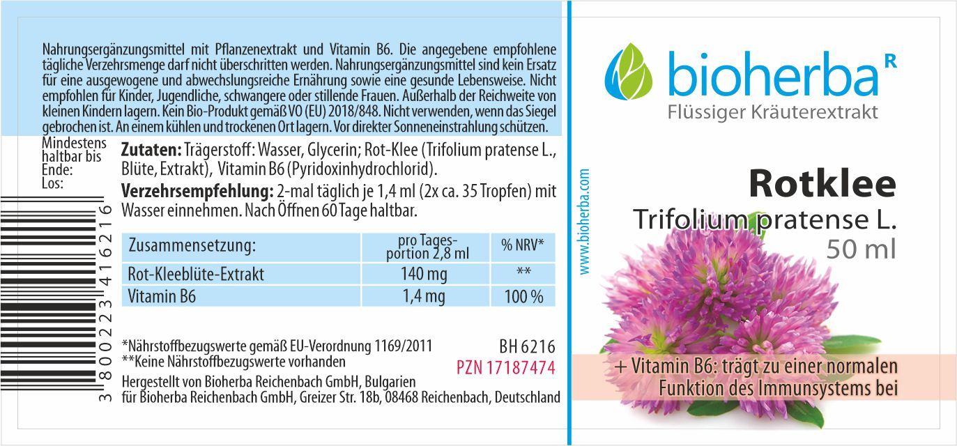 Etikett mit Produktinformationen. Text: Bioherba, Rotklee Trifolium pratense L. 50 ml. Zutaten, Verzehrempfehlung, Zusammensetzung.