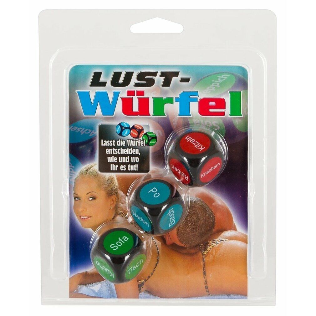 Verpackung mit drei Würfeln. Produktname: Lustwürfel. Abgebildet sind drei Würfel mit farbigen Feldern und deutschen Begriffen. Frau und Mann im Hintergrund.