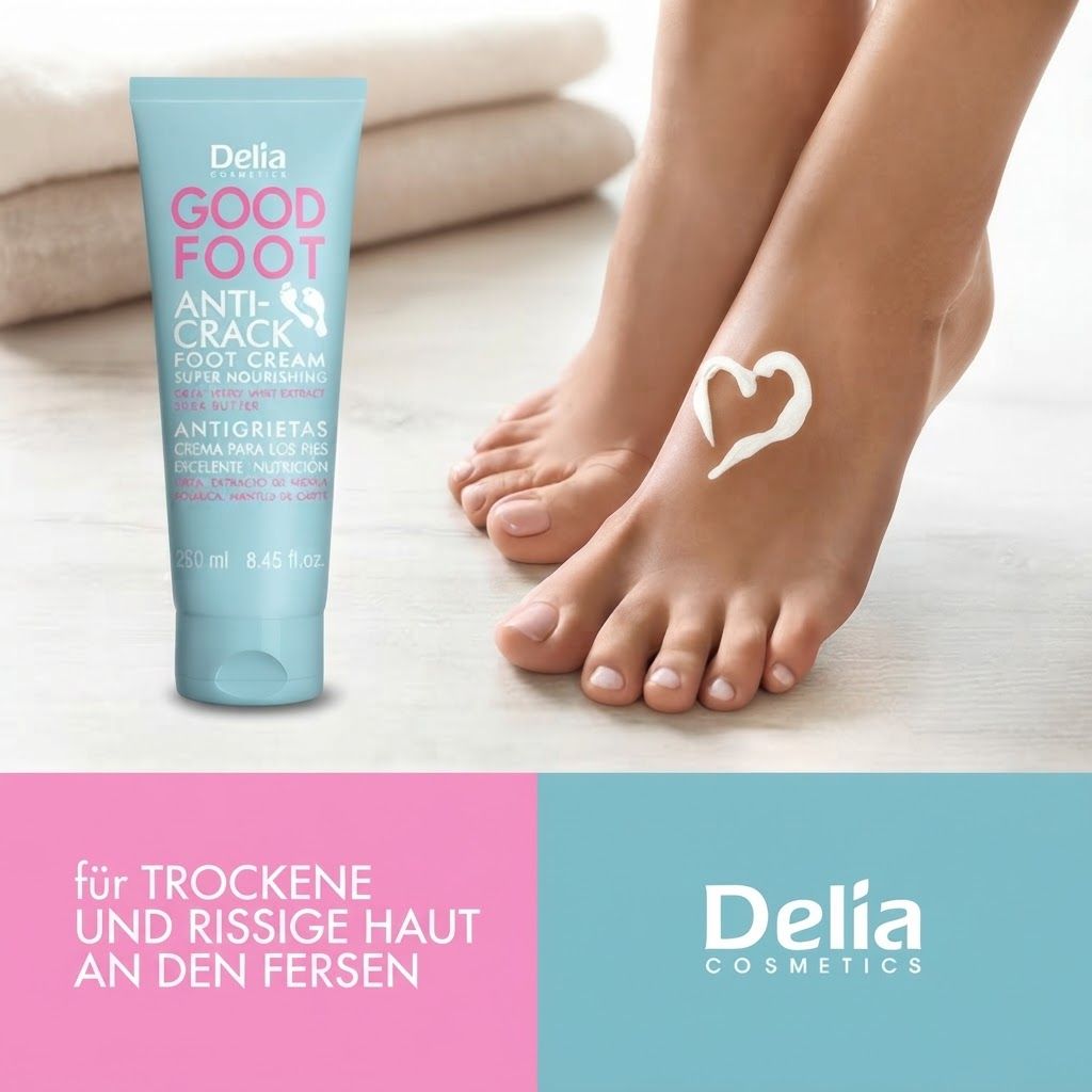 Zwei Frauen liegen mit hochgelegten Beinen, eine Tube Delia Good Foot Creme daneben.