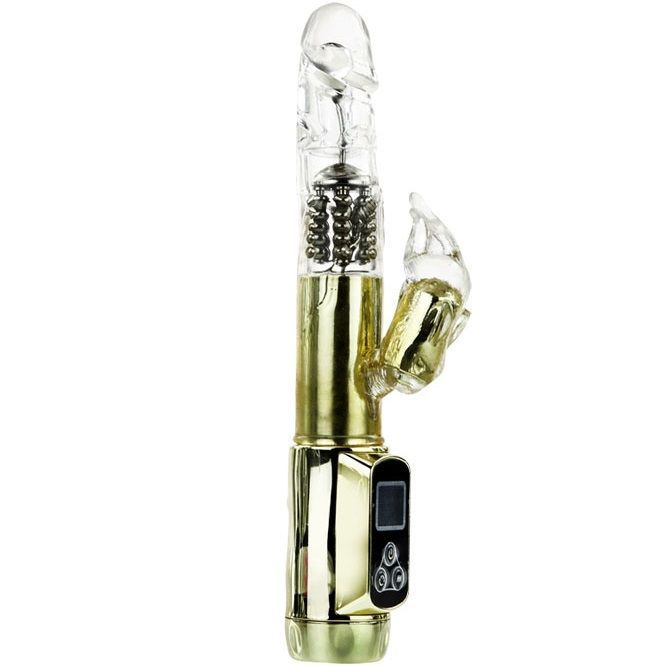 Goldfarbener Vibrator mit transparentem Kopf und Hasenohren. Mit Bedienfeld und Display.
