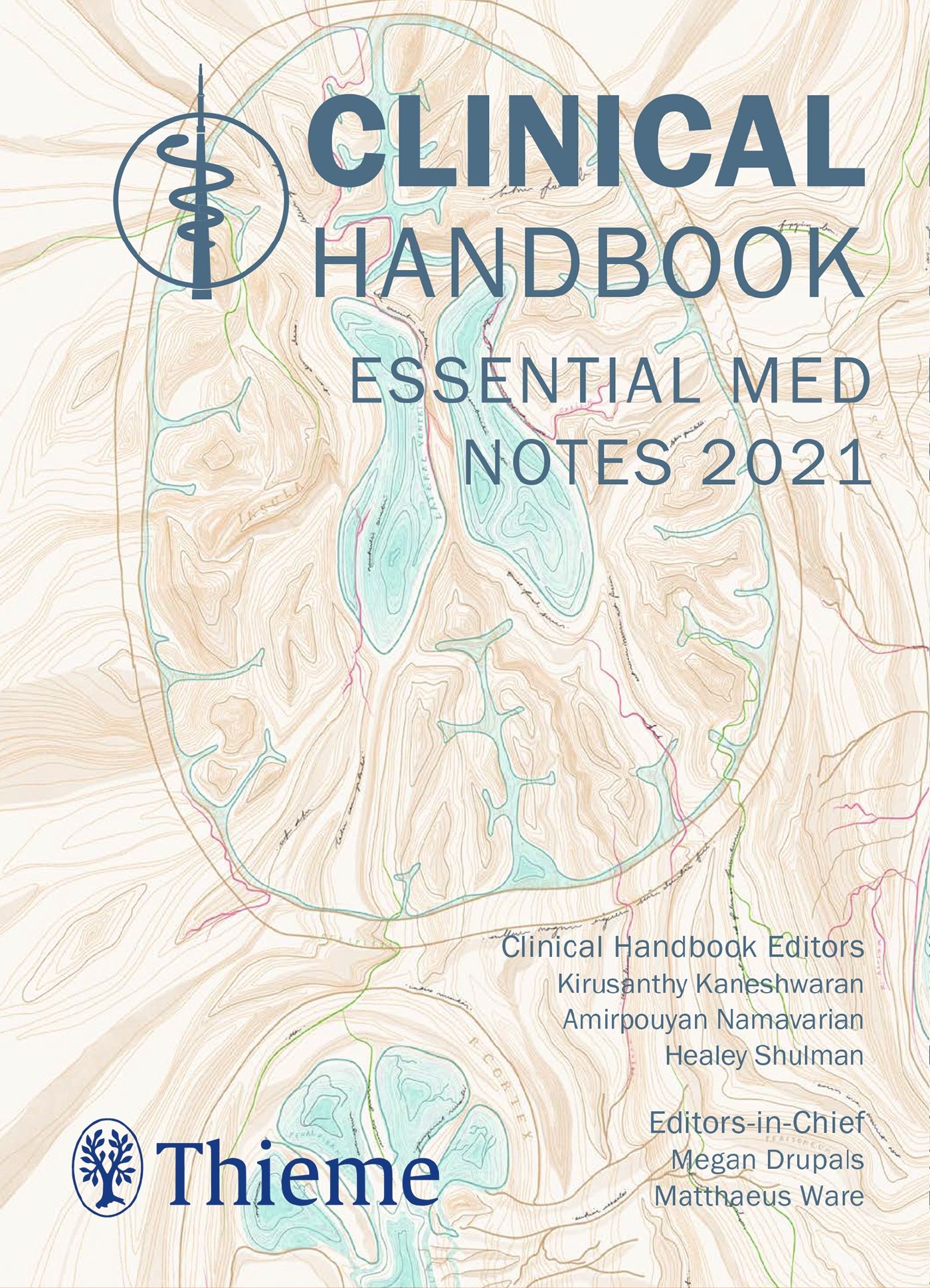 Buchcover. Titel: Clinical Handbook Essential Med Notes 2021. Verlag Thieme. Auf dem Cover ist ein Gehirn abgebildet.
