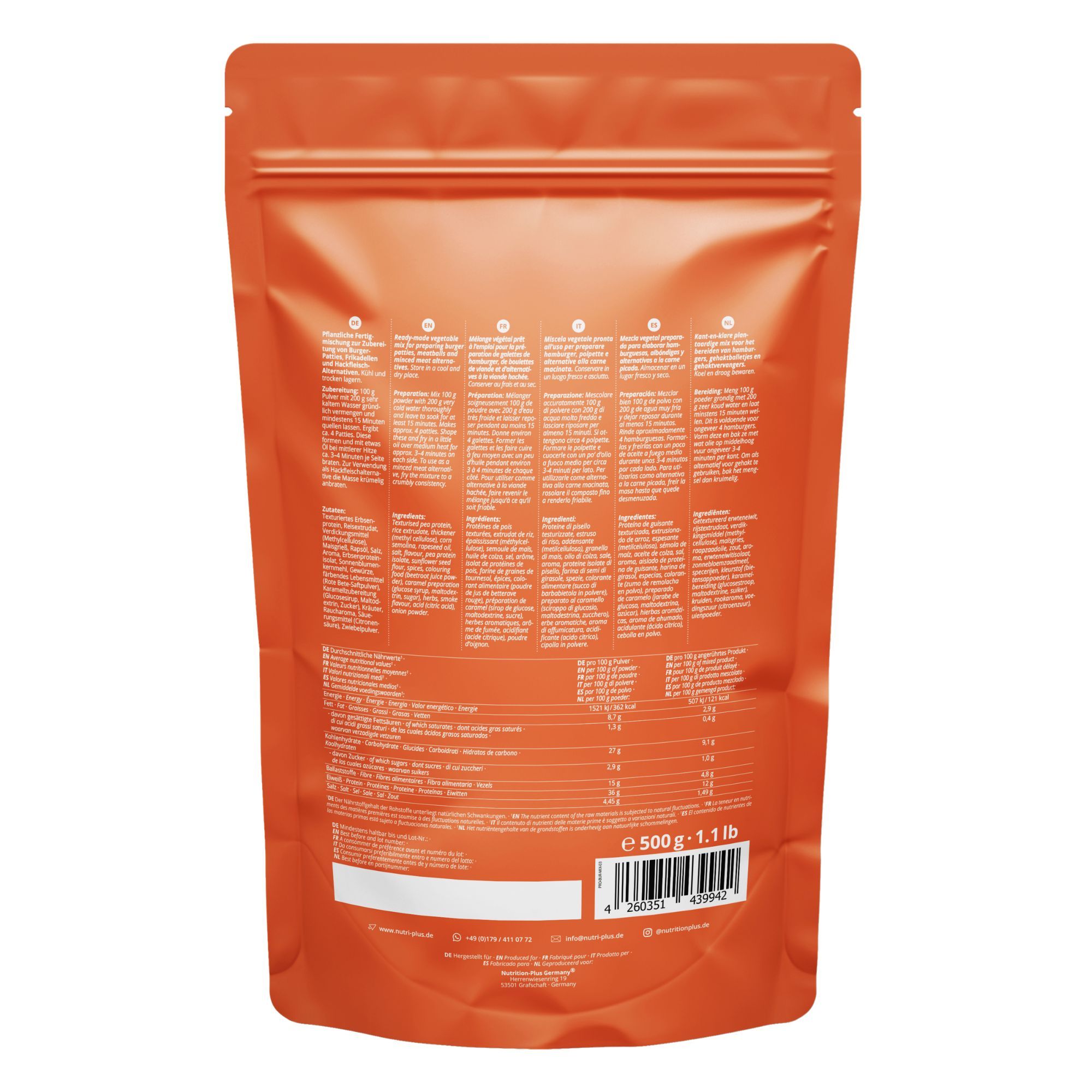 Rückseite der Verpackung. Text: Nährwertangaben, Zutatenliste, Herstellerinformationen. Orangefarbener Hintergrund.