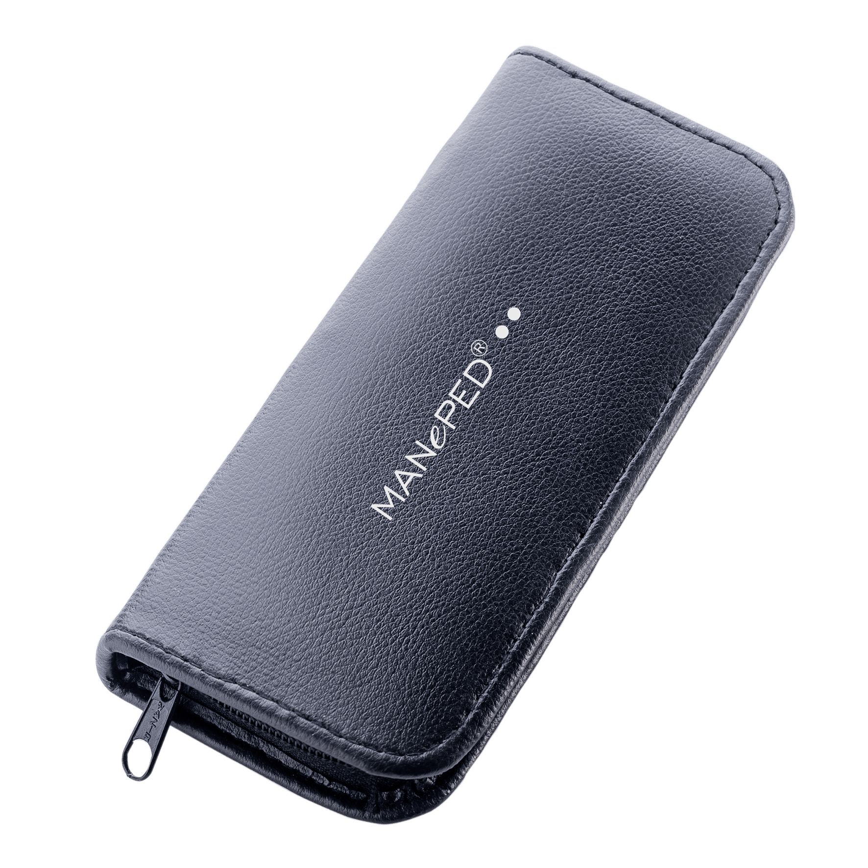 Geschlossenes schwarzes Etui mit Reißverschluss. Aufgedruckter Markenname MANePED. Weiße Punkte.