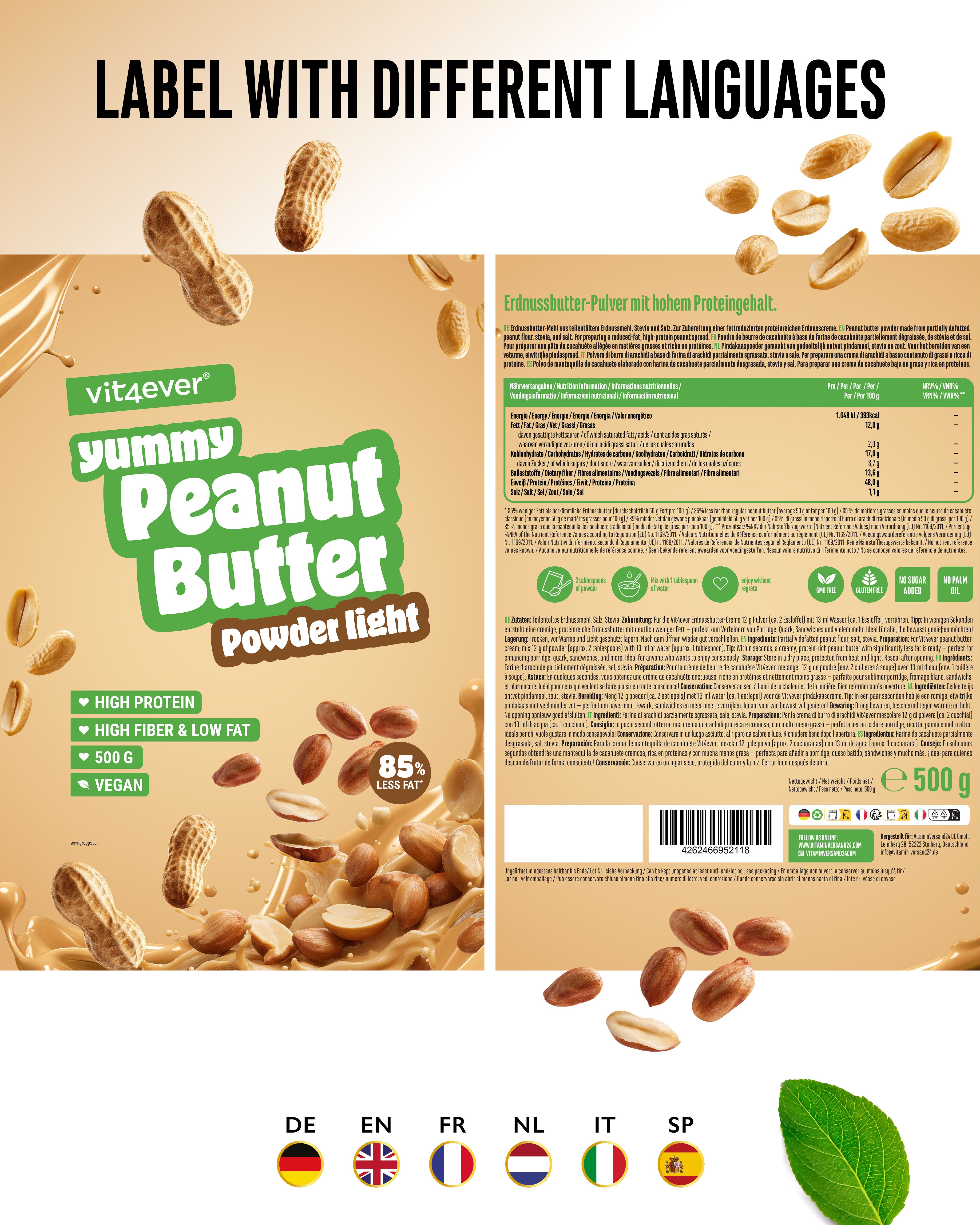 Etikett mit vit4ever Yummy Peanut Butter - Light Powder in verschiedenen Sprachen. Enthält Nährwertangaben und Informationen zur Zubereitung.