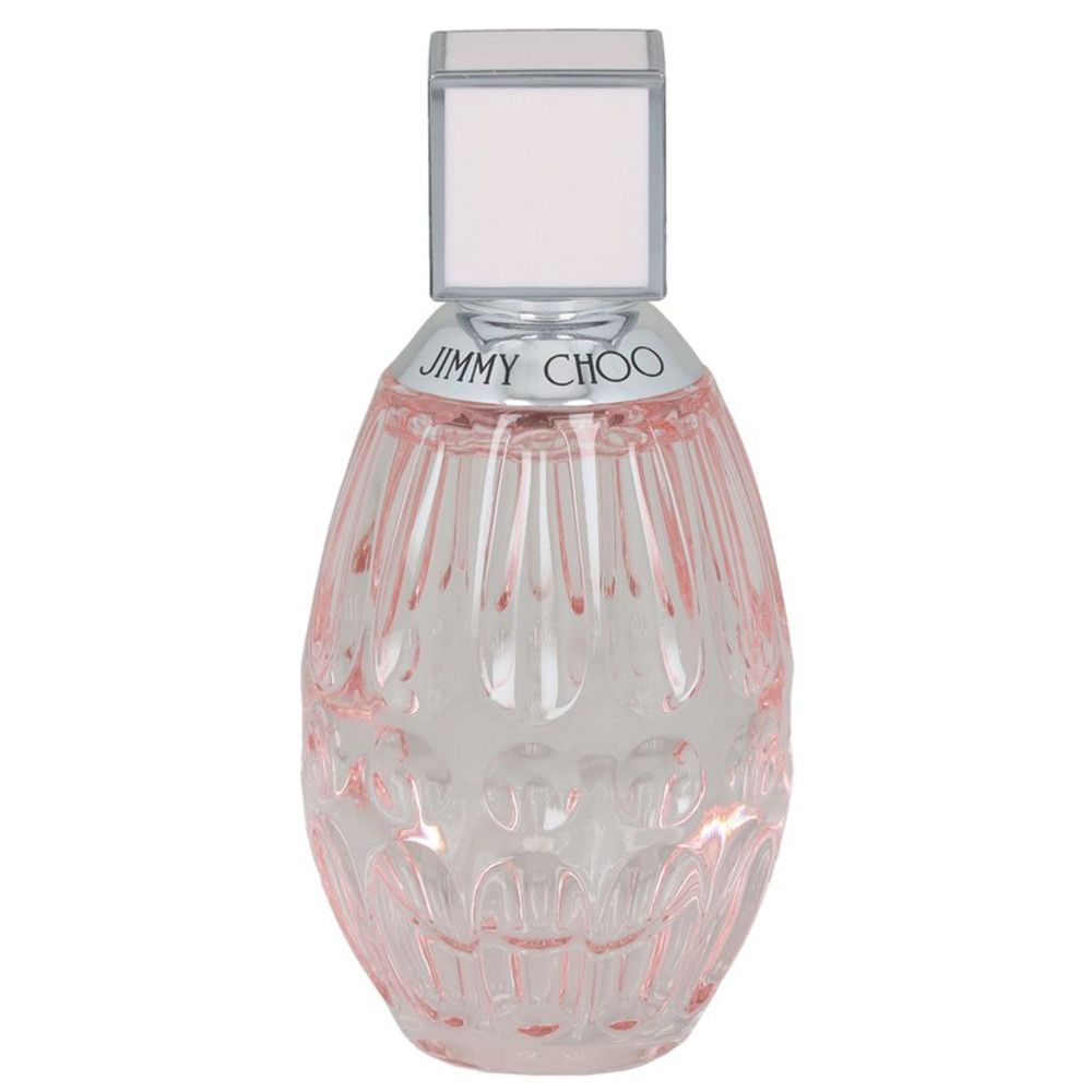 Glasflakon mit rosa Flüssigkeit, silberner Hals und quadratischem Deckel. Aufschrift: JIMMY CHOO.