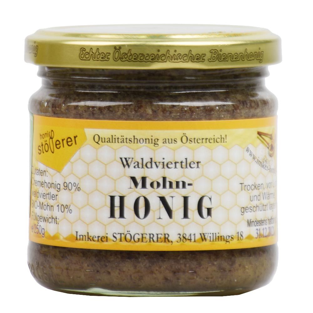 Glas Honig mit Mohn, 250g. "Waldviertler Mohn-Honig" von Imkerei Stögerer.