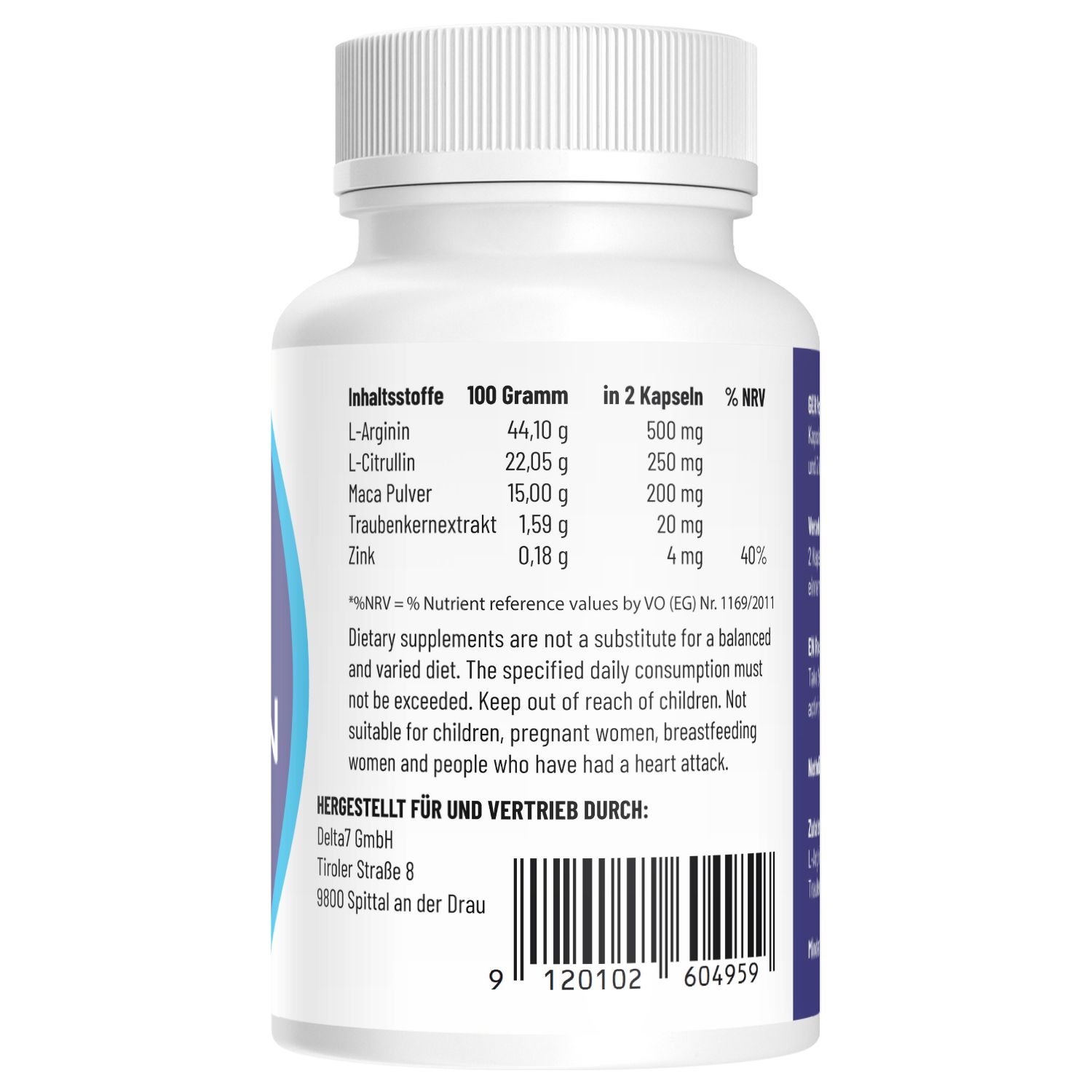 Rückseite der Viaxxan Kapsel-Flasche mit Nährwertangaben und Inhaltsstoffen.