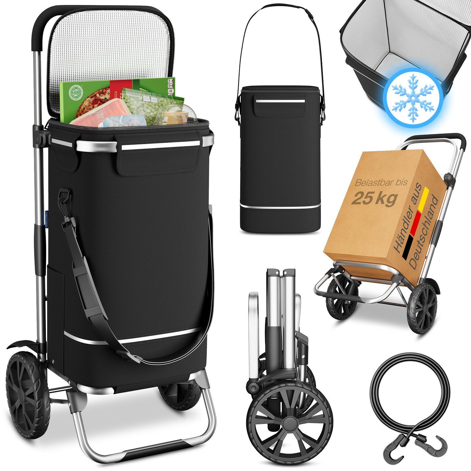 Schwarzer Einkaufstrolley mit Kühlfach, Spanngurt und abnehmbarer Tasche. Enthält Lebensmittel. Räder und Griff sichtbar.
