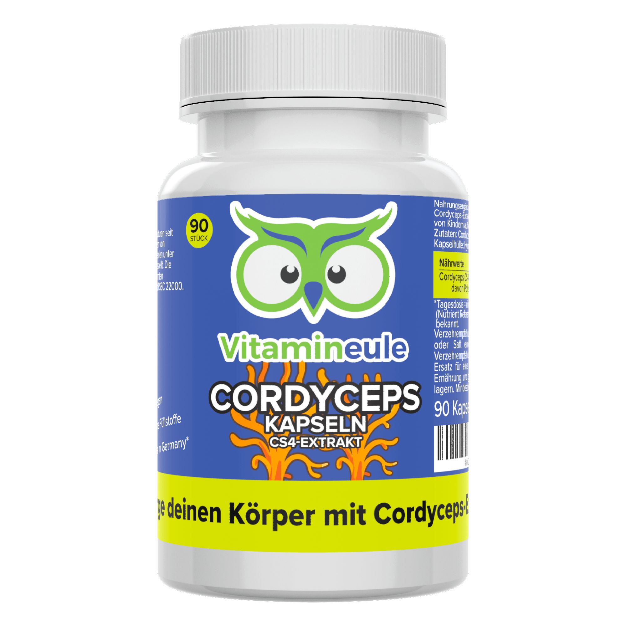 Eine Flasche Cordyceps Kapseln mit 90 Kapseln. Das Etikett zeigt den Markennamen Vitamineule, Cordyceps Kapseln, CS-4 Extrakt und weitere Informationen.