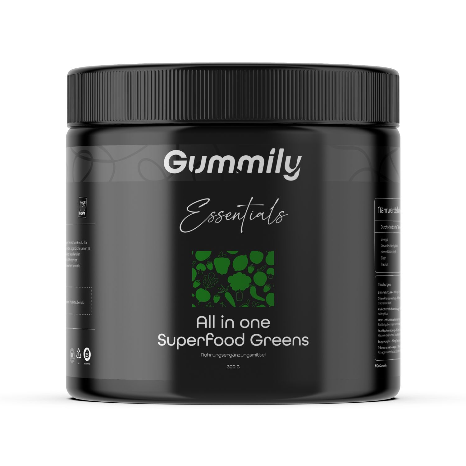 Schwarze Dose mit Gummily Essentials Superfood Greens. Aufschrift: All in one Superfood Greens. 300g.