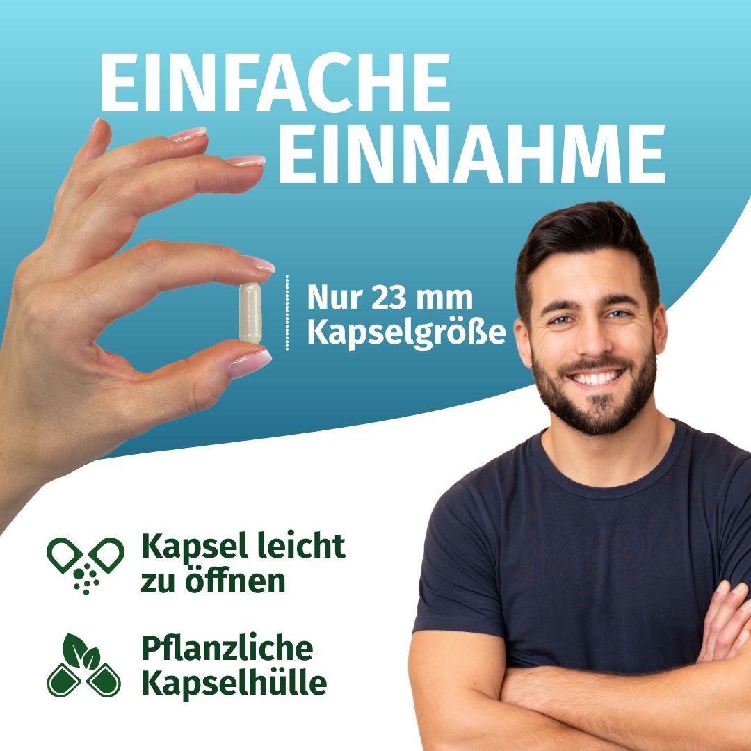 Frau hält Kapsel, Mann lächelt. Text: Einfache Einnahme, 23mm Kapselgröße, pflanzliche Hülle.