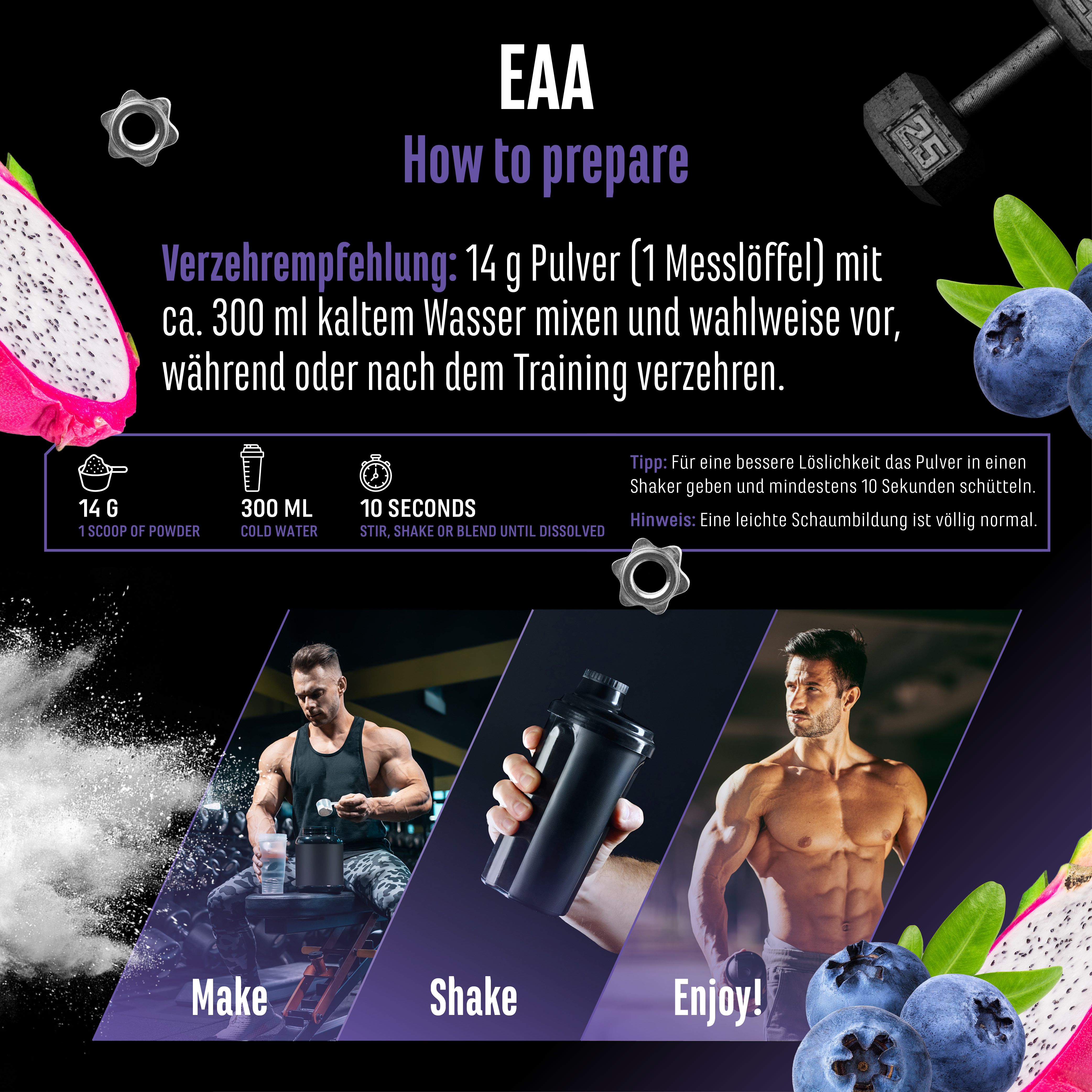 Anleitung zur Zubereitung von GEN EAA 9. Mischen Sie 14g Pulver mit 300ml kaltem Wasser. Enthält Bilder von Zubereitungsschritten.