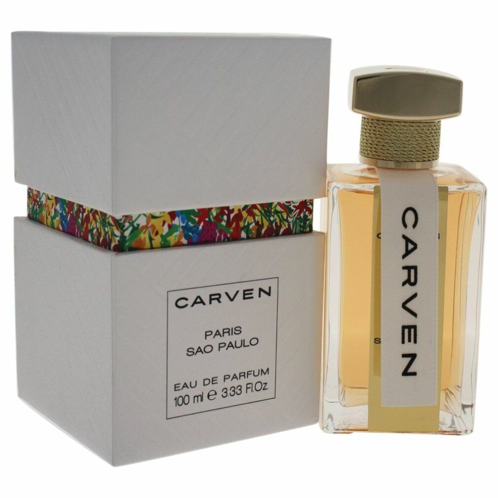Parfümflakon neben weißer Schachtel. Auf der Schachtel: CARVEN PARIS SAO PAULO, Eau de Parfum, 100 ml.