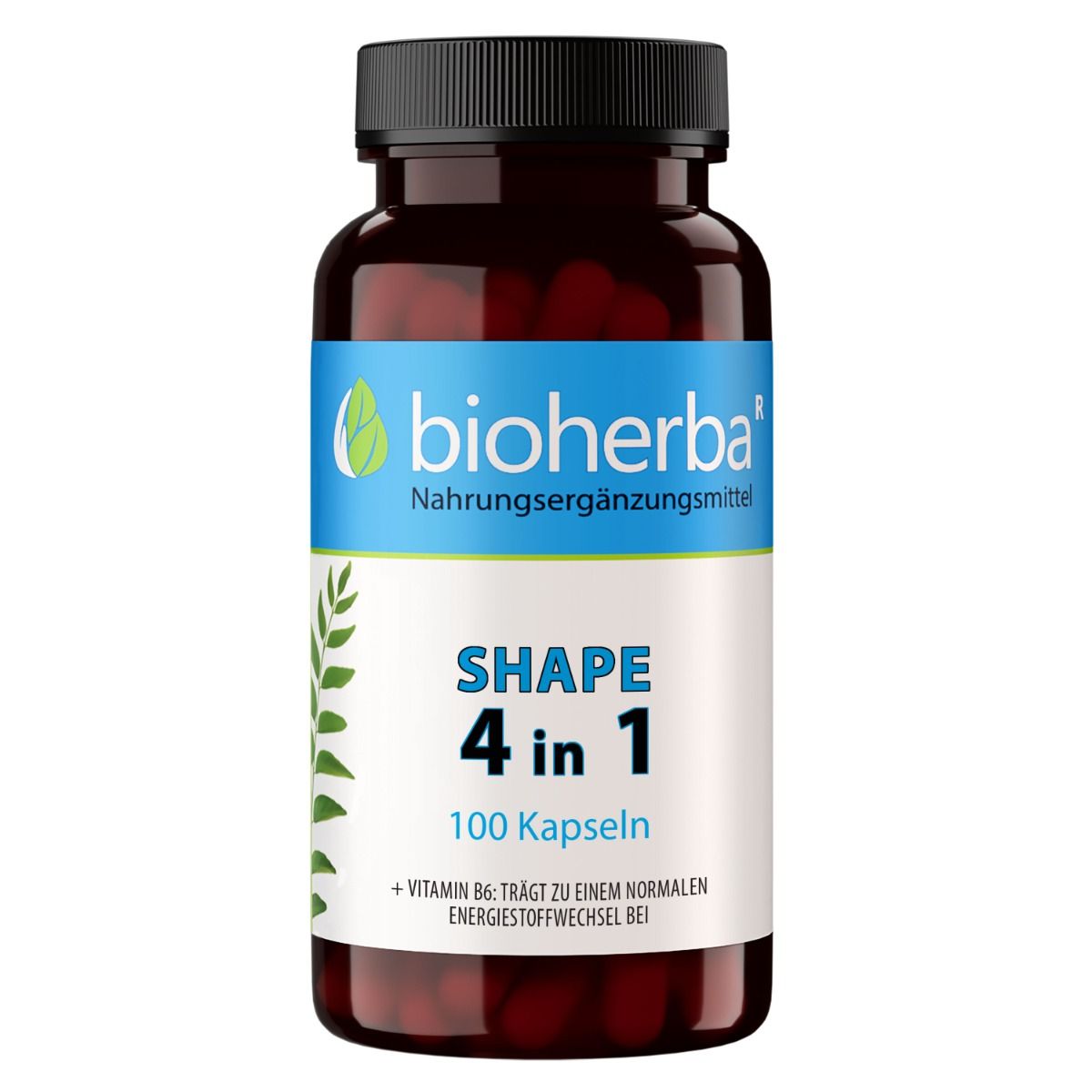 Braune Flasche Bioherba Shape 4 in 1 Kapseln, 100 Stück. Aufschrift Shape 4 in 1. Mit Vitamin B6.