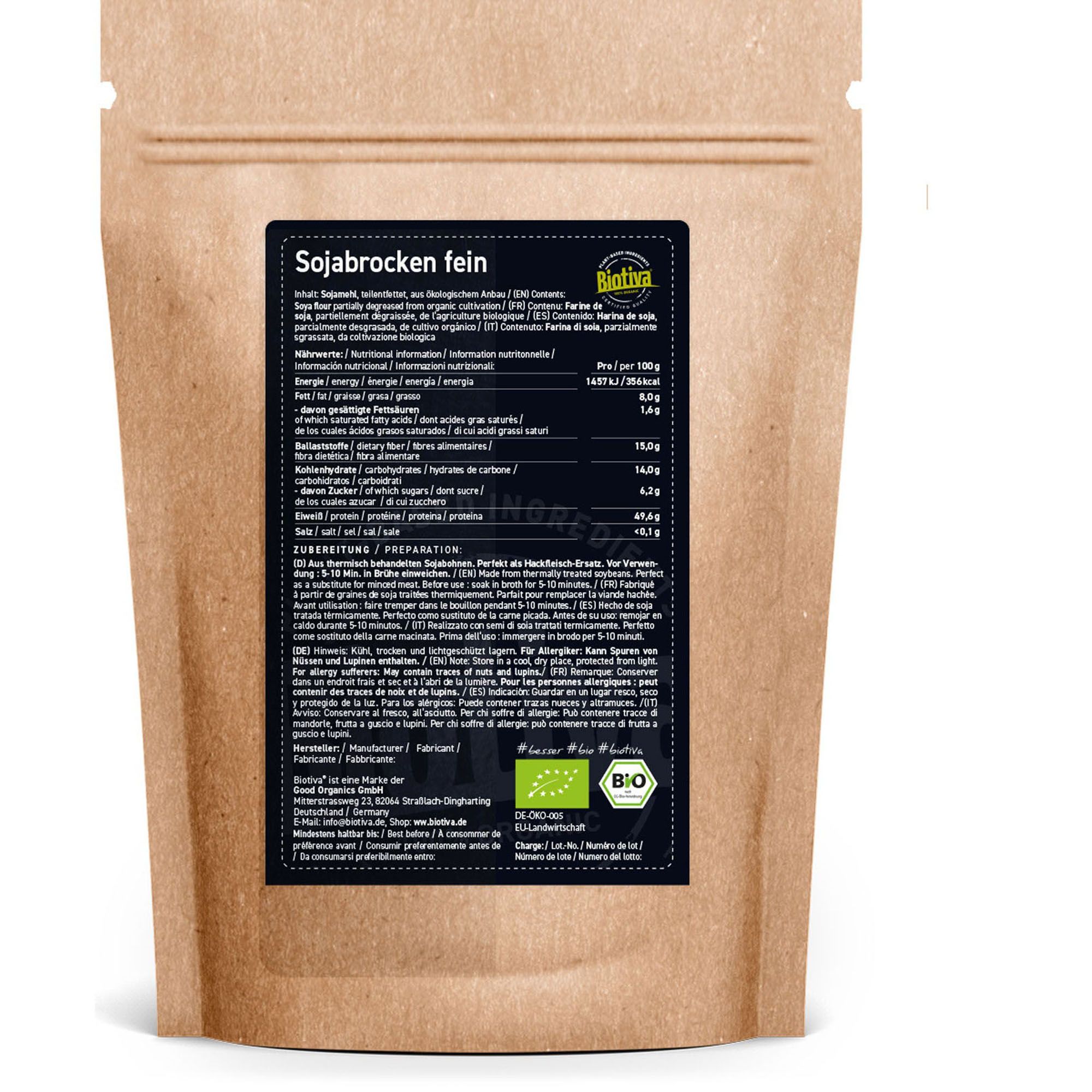 Rückseite der Biotiva Sojabrocken Bio-Tüte mit Nährwertangaben und Bio-Siegeln.