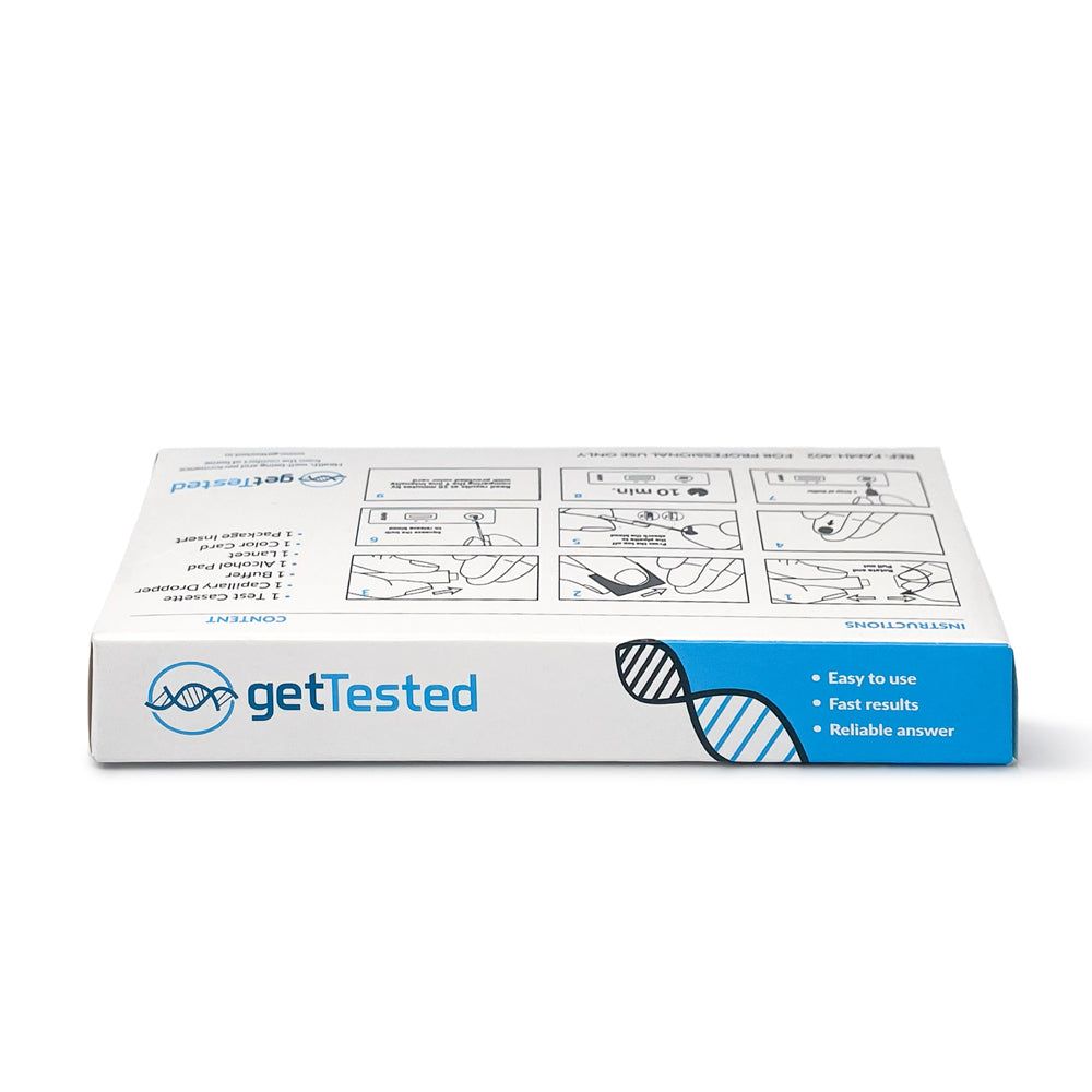 GetTested-Verpackung, flach liegend. Oben: Anwendungsabbildungen und Komponentenliste. Unten: Produktname.