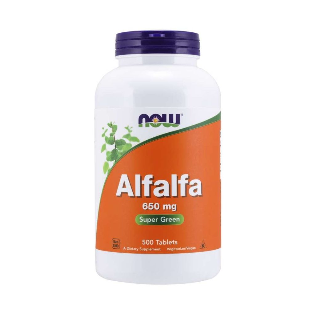 Weiße Flasche mit blauem Deckel. Aufschrift Alfalfa, 650 mg, Super Green. 500 Tabletten. Marke NOW.