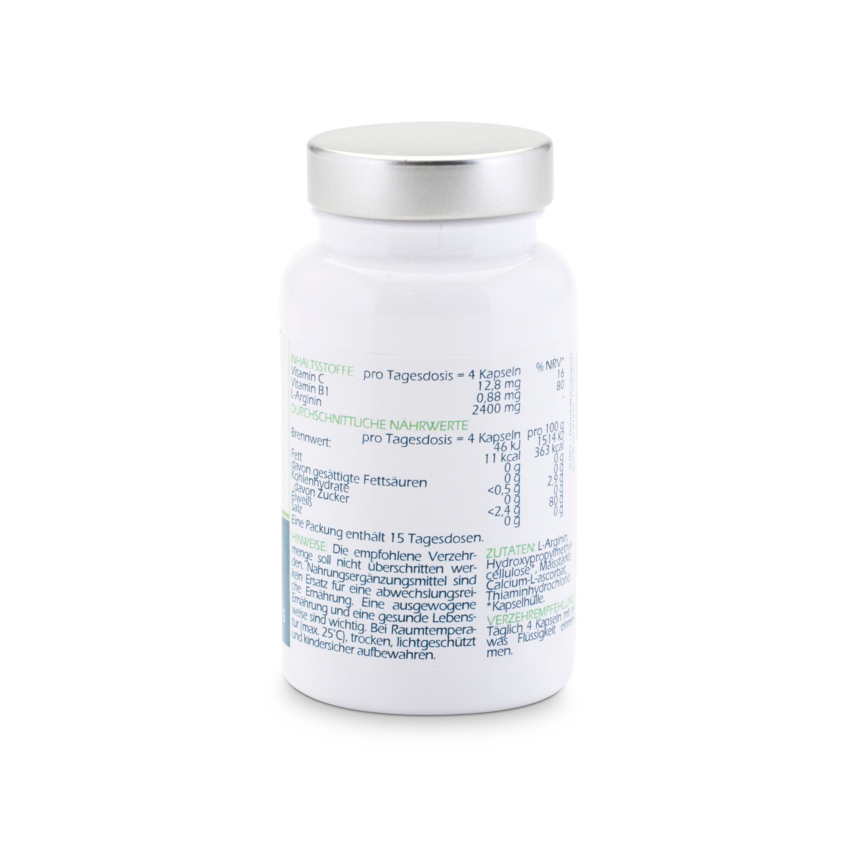 Rückseite der weißen Flasche. Enthält Informationen zu Inhaltsstoffen, Nährwerten und Verzehrempfehlung. Text: L-Arginin, Vitamin C, Vitamin B1.