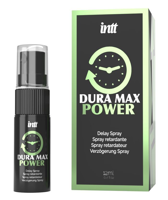 Schwarze Sprühflasche und Verpackung mit "Dura Max Power"-Logo und Uhr-Symbol. 12ml-Angabe.